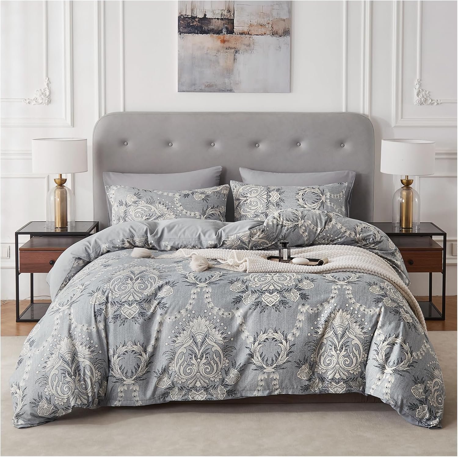Blue Grey Reversible Duvet Cover Set Queen Bedding Comforter Cover Quilt Bedding Set Soft Microfiber Bedspread Duvet Covers Queen Size Bed Set Essentials Floral Bedding Luxury Bedroom Decor Collection