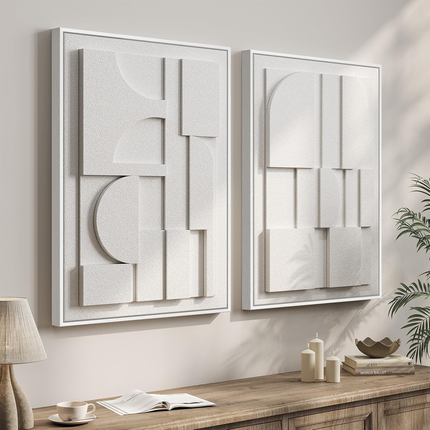 Large 3D Textured Framed White Abstract Wall Art for Living Room, Set of 2 Modern Sandstone Artwork for Walls, White Minimalist Geometric Block Pictures for Bedroom Hallway Office Wall Decor 24×36 In