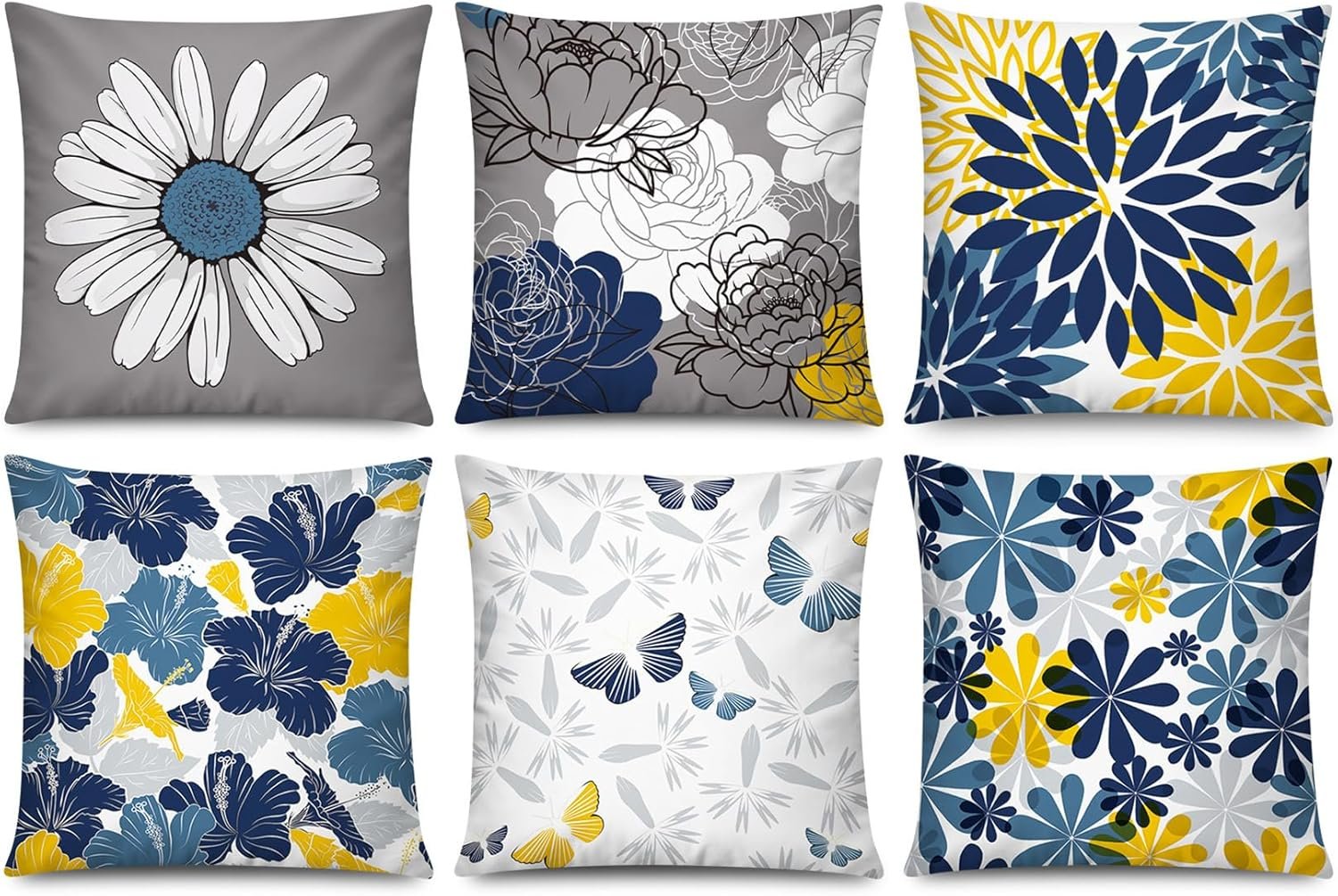 COMMINY Navy Orange Throw Pillow Cover 18×18 Set of 6, Grey Blue Pillow Covers, Daisy Dahlia Pillowcase, Square Cushion Covers for Couch Sofa Living Room Home