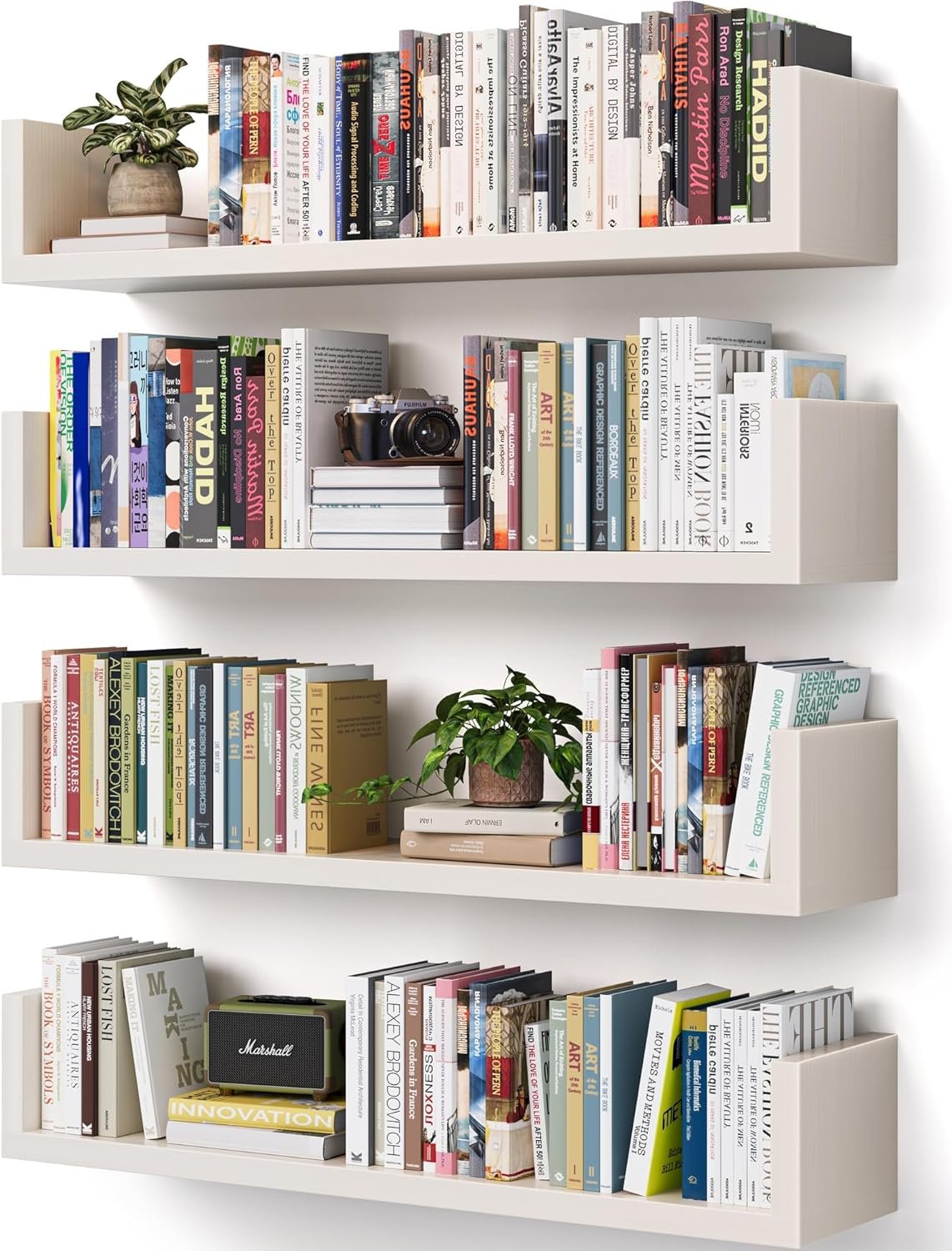 Wall Bookshelf, Set of 4, U Shaped Floating Bookshelf, Hanging Bookshelves for Wall, Wall Mounted Shelves for Living Room Bedroom Office (White, 17 Inches, 4)