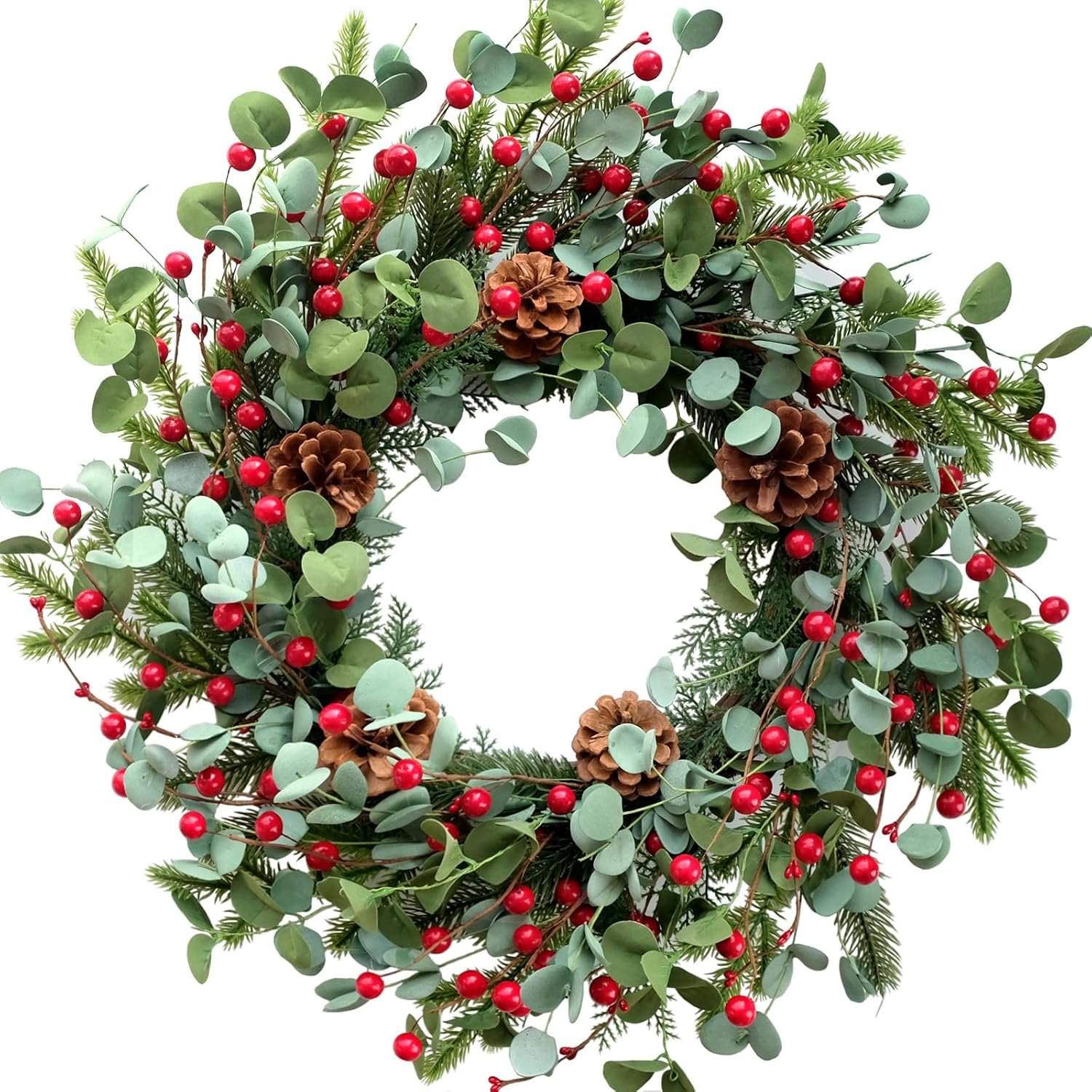 Idyllic Christmas Wreath for Front Door,20″ Winter Wreath with Pine Cones Red Berries and Eucalyptus, Winter Decorations for Everyday Farmhouse Window Outdoor/Indoor