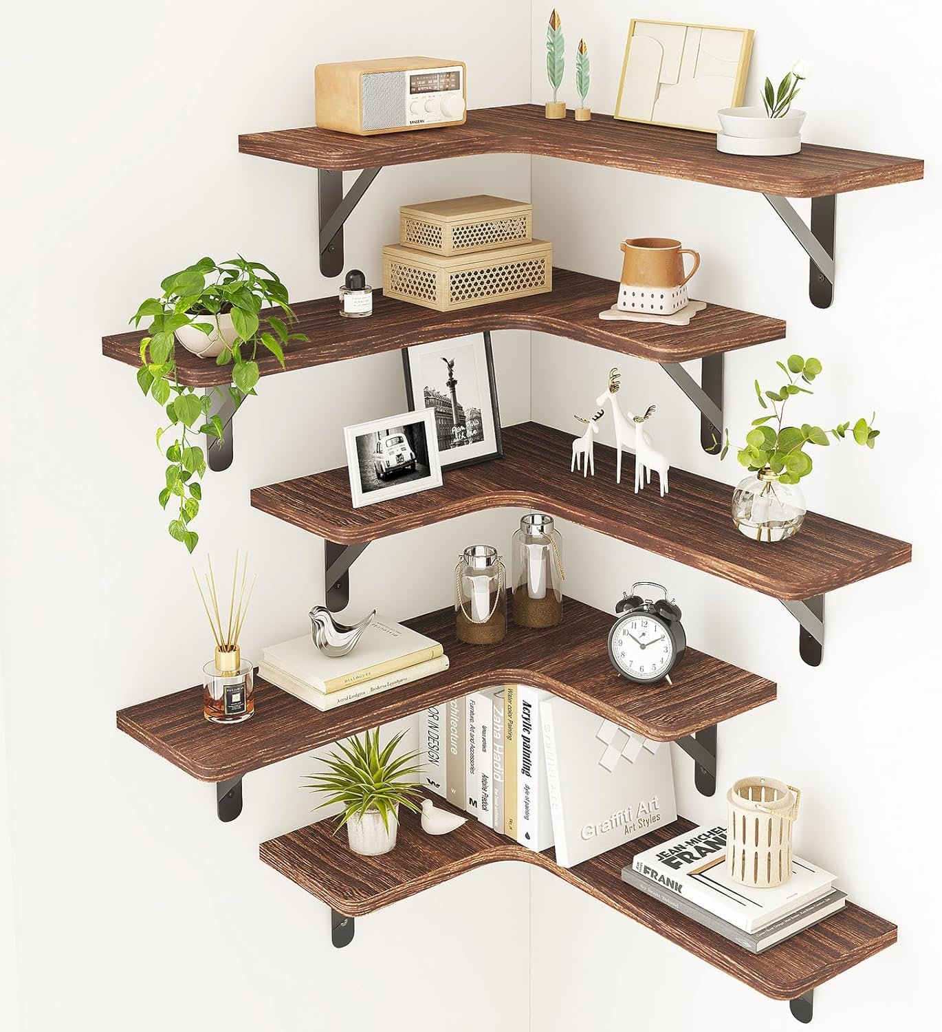 Fixwal Corner Floating Shelves for Wall Set of 5, Rustic Wood Wall Mounted Shelf for Bathroom, Kitchen, Bedroom, Home Decor, Laundry Room, Living Room (Dark Carbonized Black)