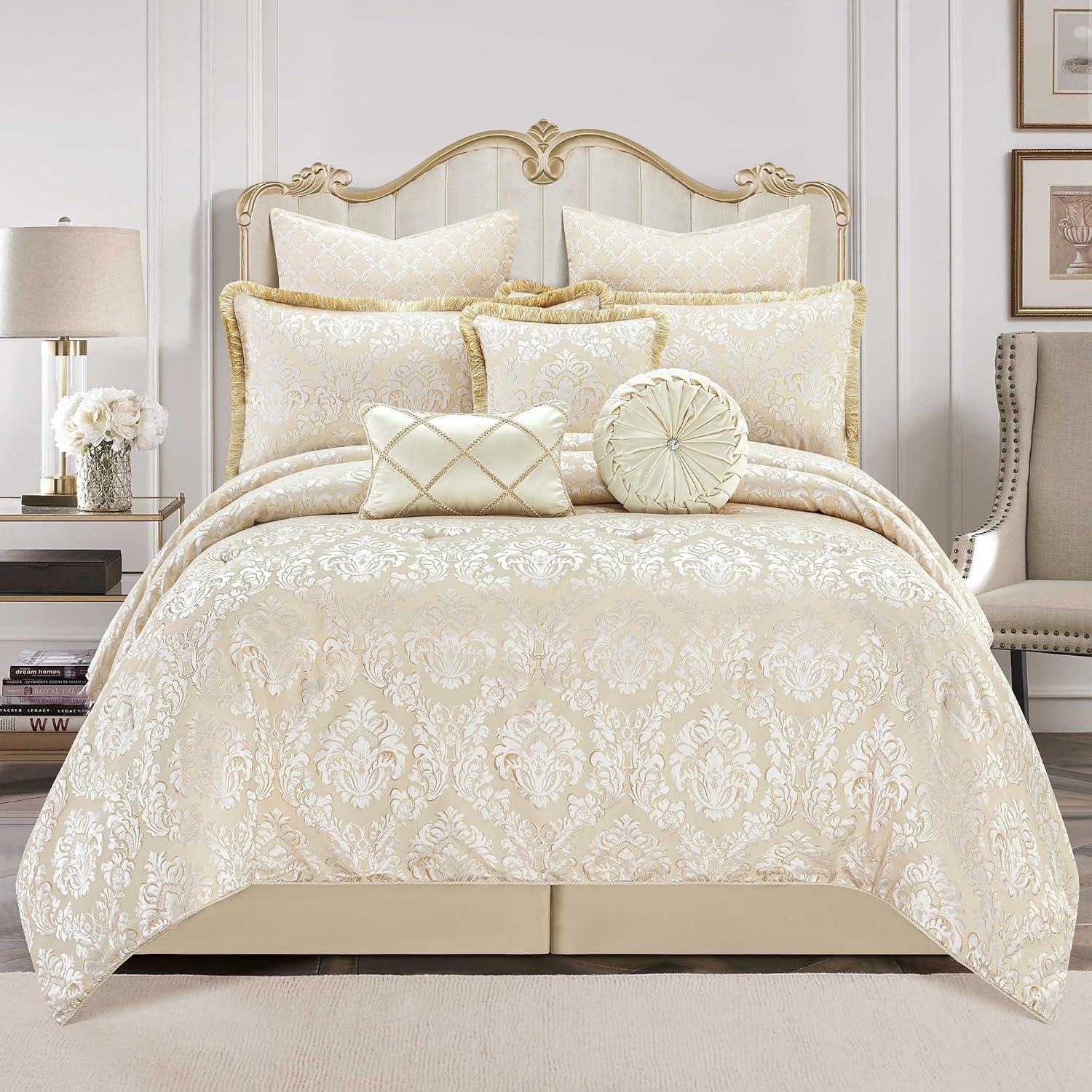 Loom and Mill 9-Piece Elegant Damask Comforter Sets Jacquard Medallion Design, Ultra Soft Floral Bedding with Euro Shams, Bedskirt, Filled Decorative Pillow for Home (Beige White, Queen)