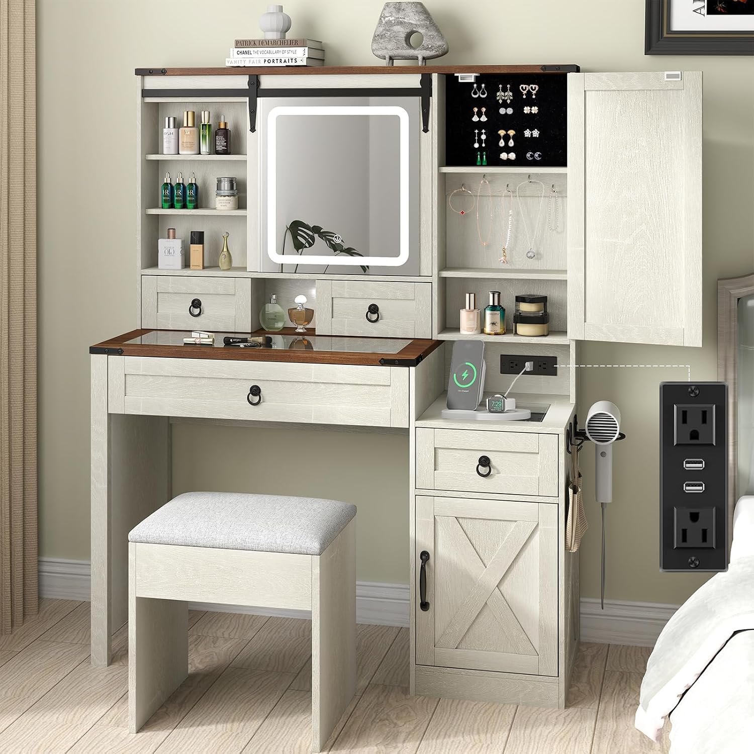 Farmhouse Makeup Vanity Desk with Sliding Mirror and Lights, 42″ Glass Top White Vanity Set with Charging Station & 4 Drawers & 2 Cabinets, Dressing Table with Stool for Bedroom