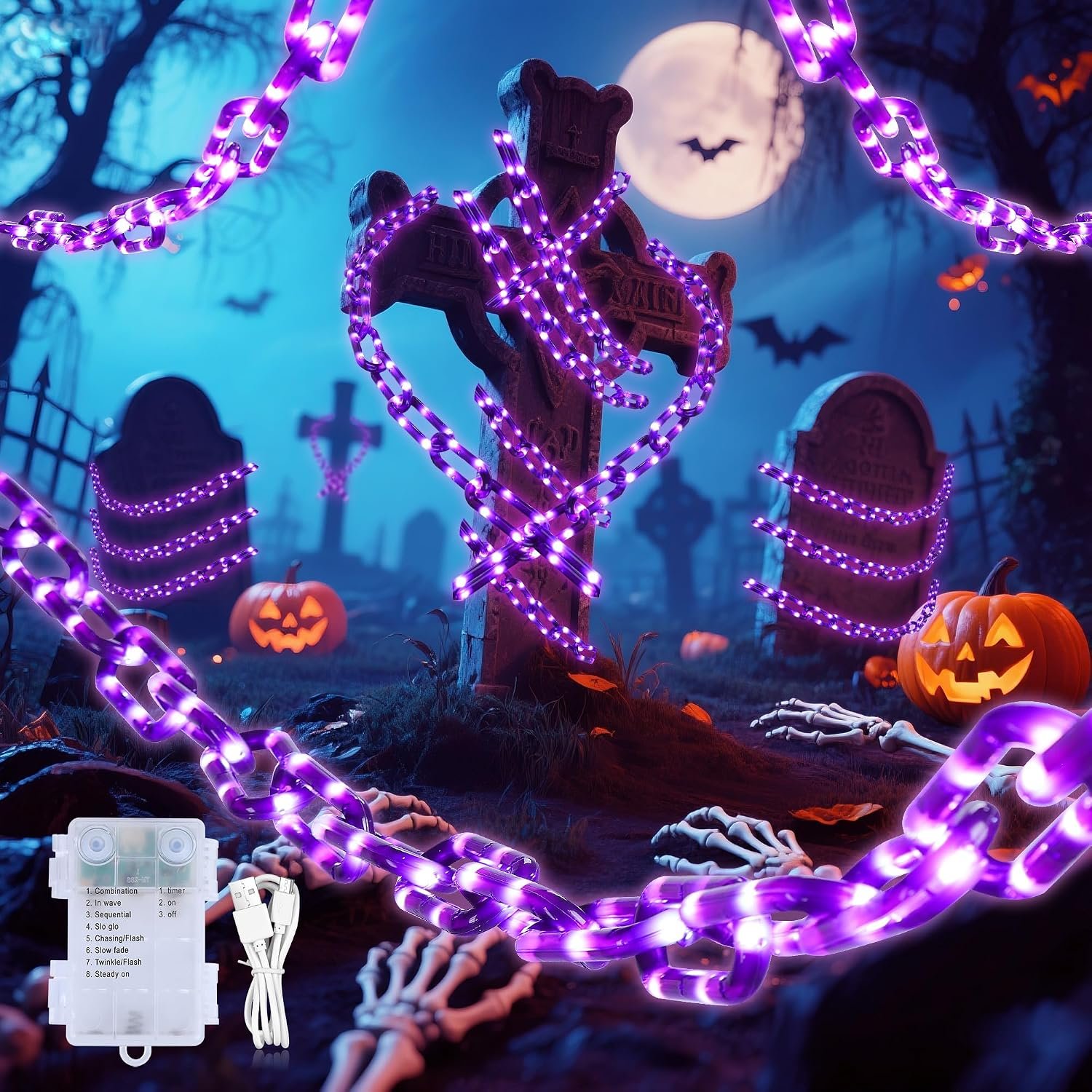 Battery Operated Halloween Lights, 10.5FT 175 LED Plastic Chains Lights, 8 Modes Waterproof Timer String Light for Skeleton Dog Creepy Costumes Accessories Spooky Outdoor Decorations(Purple)