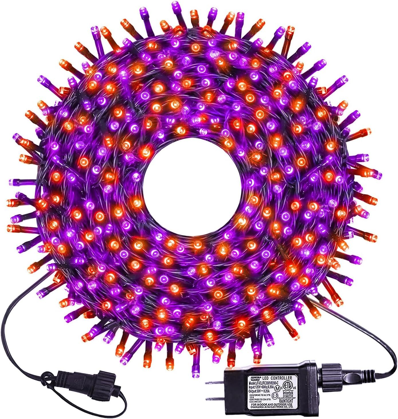 kemooie 300 LED Orange&Purple Halloween Lights, 99FT Connectable 8 Lighting Modes with Memory Function Plug in, Waterproof for Outdoor Indoor Halloween Garden Roof Decorations (Purple and Orange)
