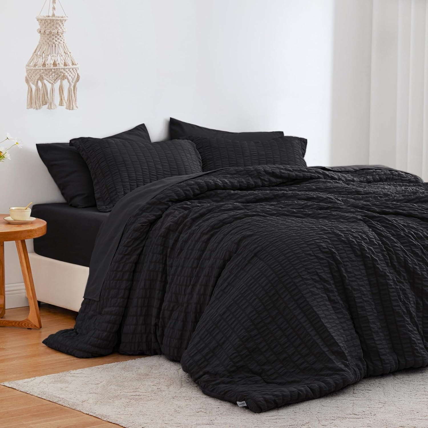Love’s cabin Seersucker Black Queen Comforter Set, 7-Piece All Season Lightweight Bed in a Bag Bedding Set with Comforter, Flat Sheet, Fitted Sheet, Pillowcases and Shams