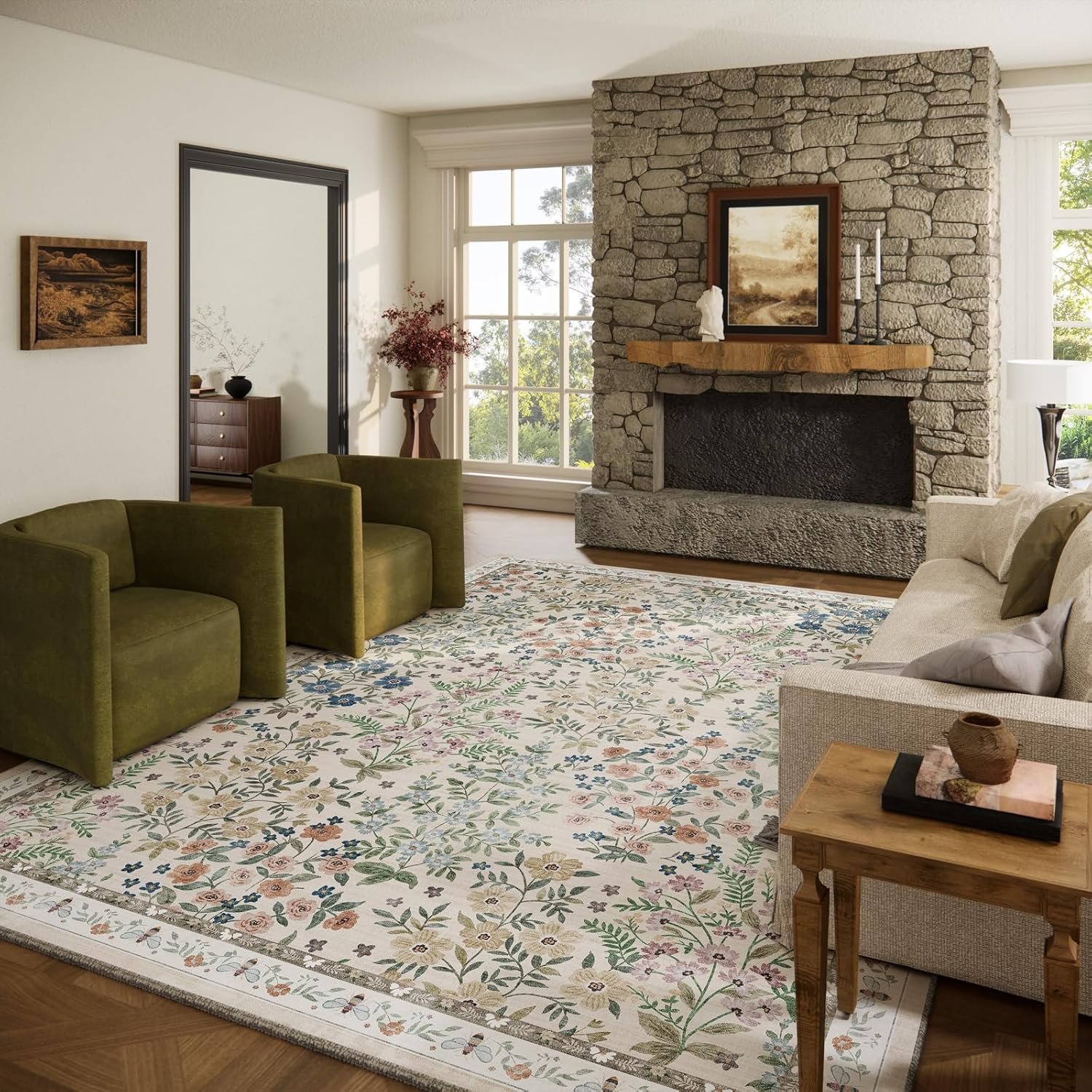 Washable Area Rug for Living Room: 9×12 Area Rugs for Bedroom Vintage Stain Resistant Non Slip Low Pile Soft Indoor Carpet Rug for Kitchen Dining Room Farmhouse Kids Room Nursery