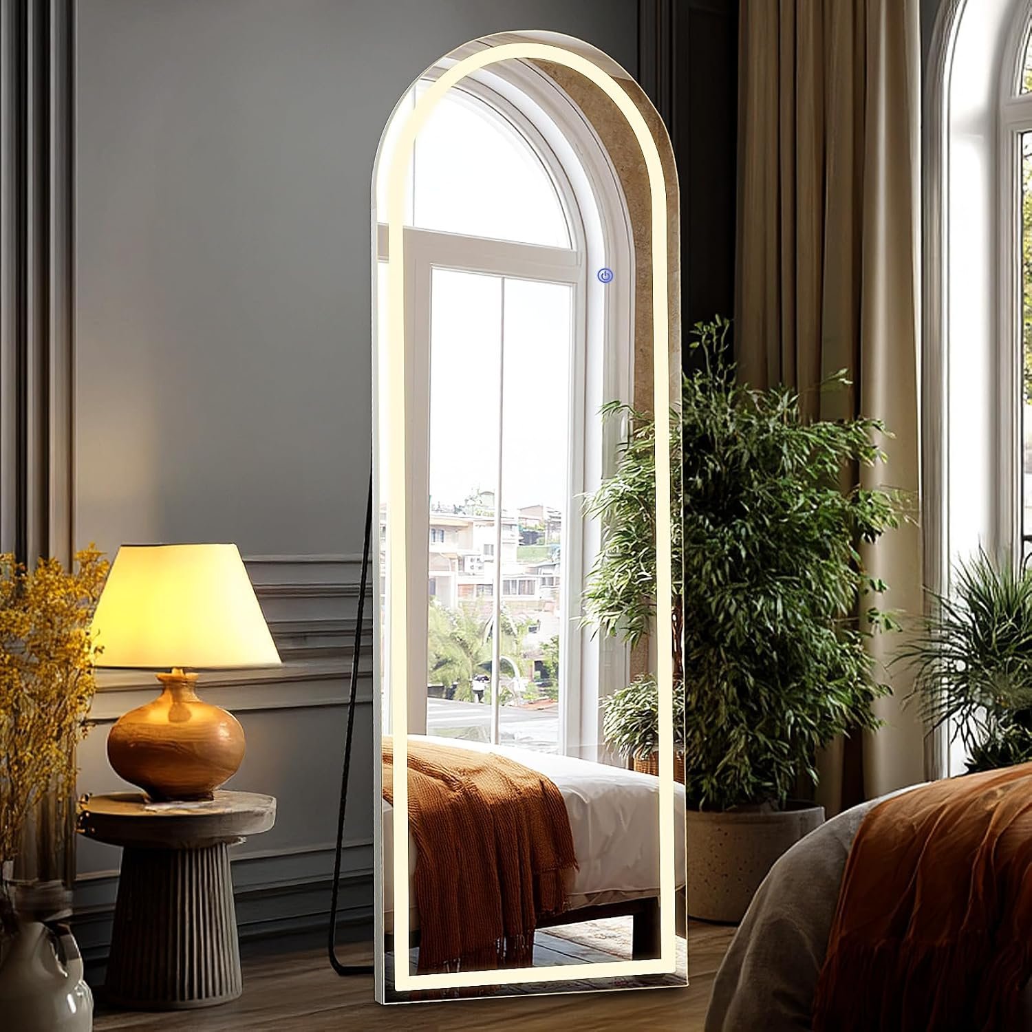 DUMOS Arched Full Length Mirror with Light, 15.7×59.8 LED Floor Standing Mirror with 3 Color Lights & Wall Mounted for Bedroom, Dressing Room, Living Room, Bathroom