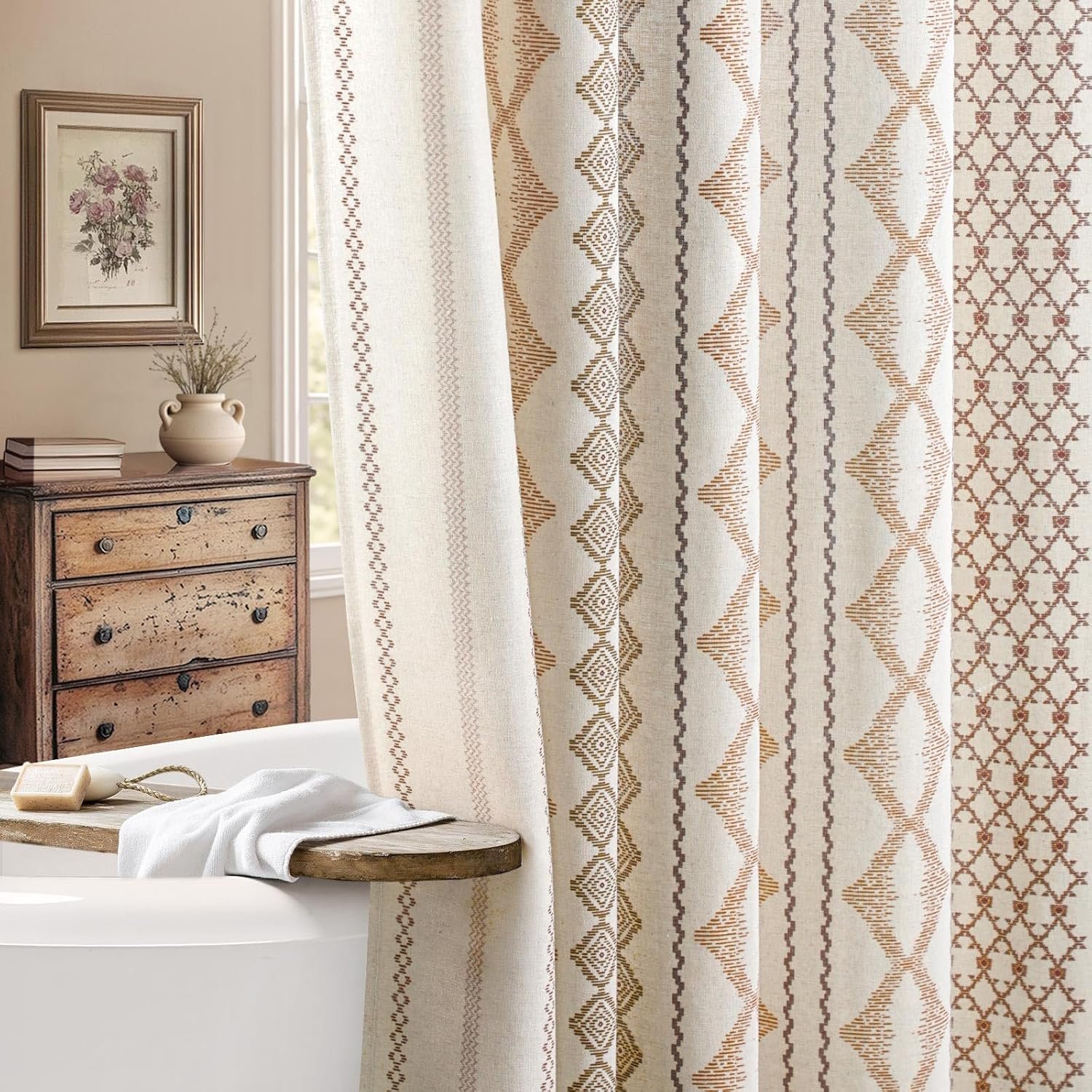 Boho Linen Shower Curtain for Bathroom with Striped Print,72″W x 72″L,Beige