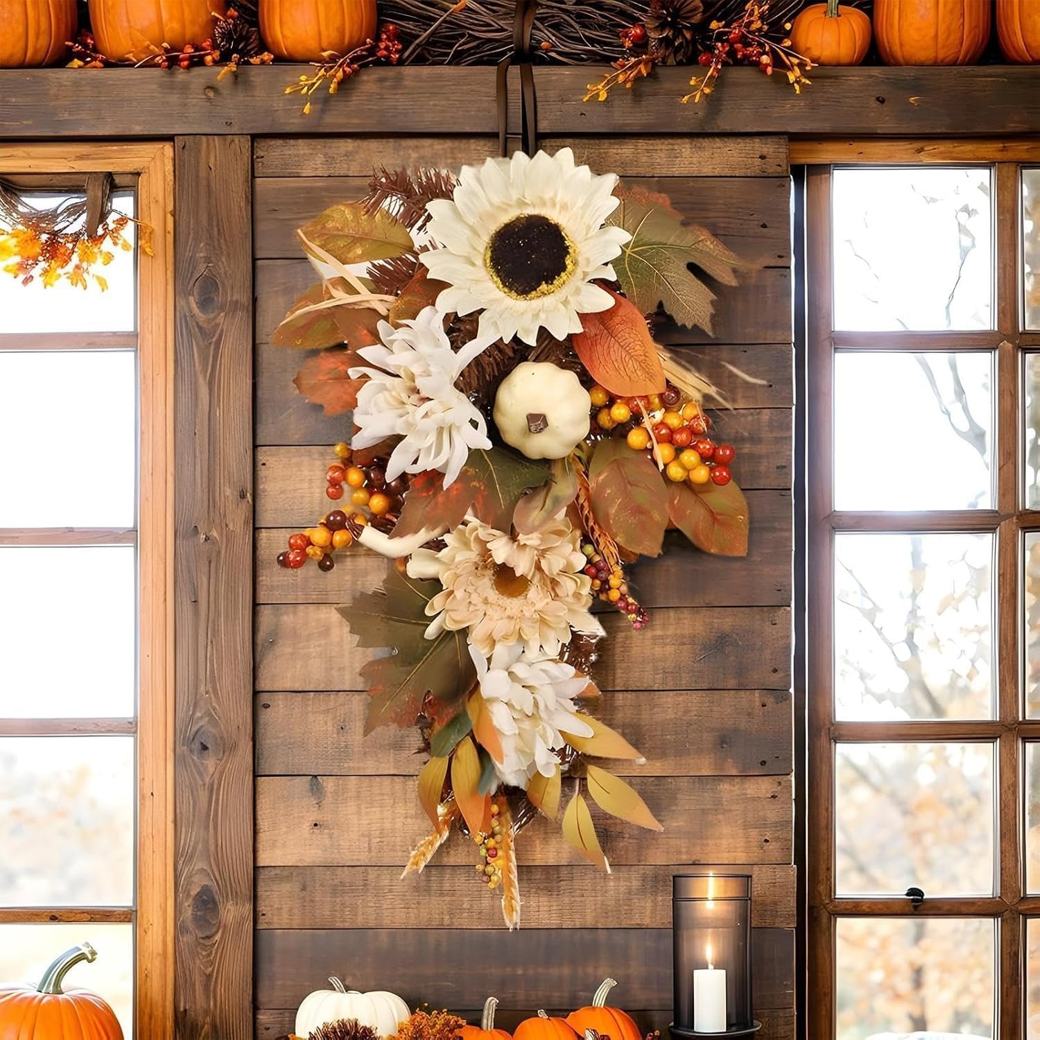 Farmhouse Fall Wreath with Seasonal Botanicals – Autumn Harvest Front Door Decor, All-Weather Thanksgiving & Halloween Wreath (D)
