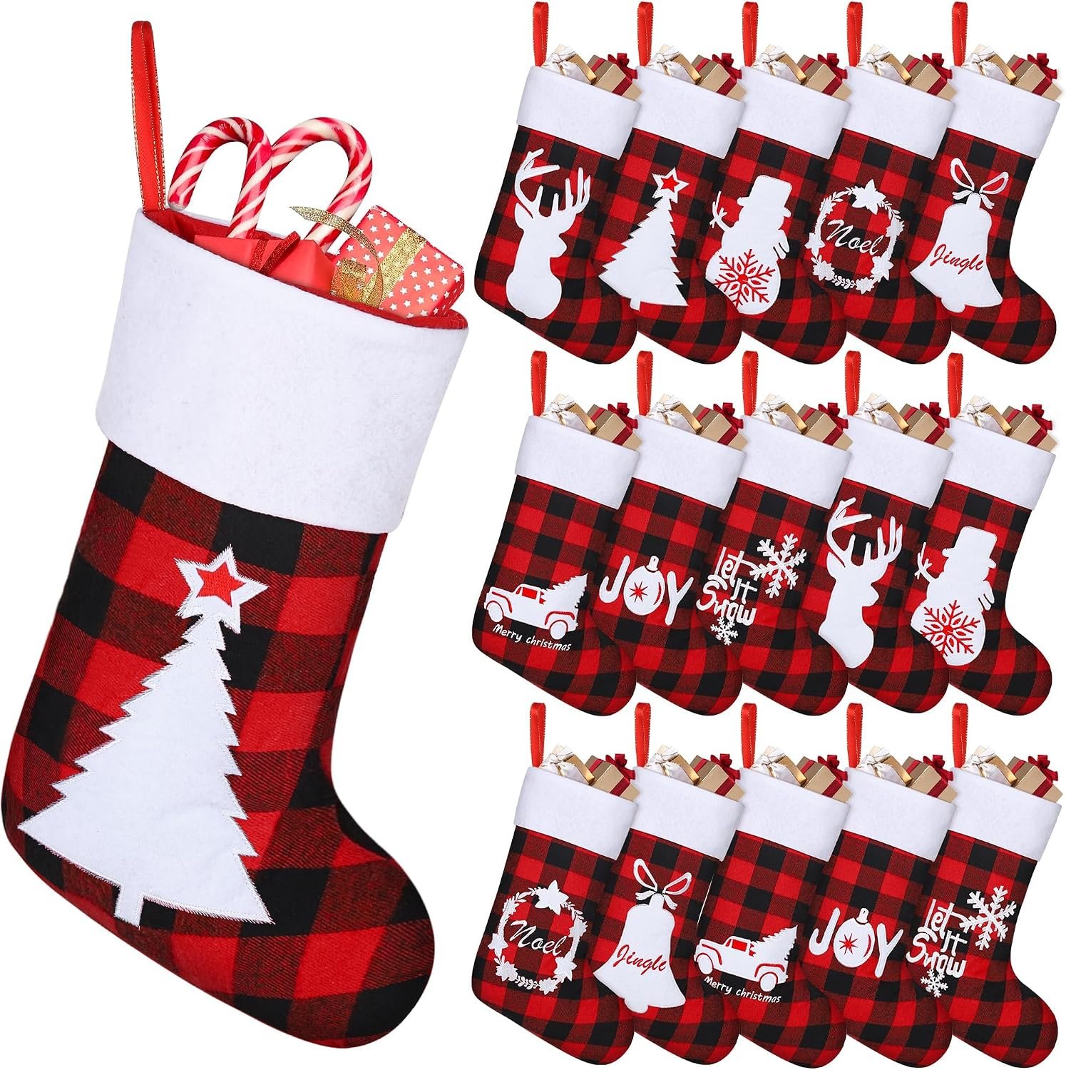 Aodaer 16 Pack Felt Christmas Stockings 18 Inches Red Black Buffalo Plaid Xmas Fireplace Hanging Stockings with Santa Snowman Reindeer Pattern Holiday Hanging Decorations for Christmas Party Favors