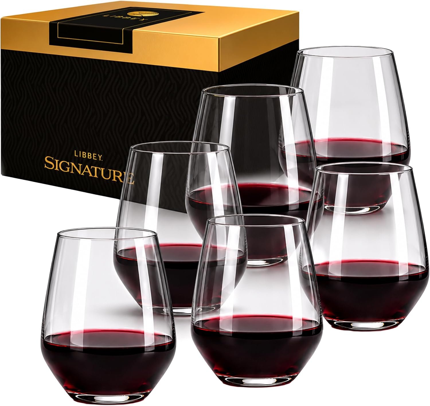 Libbey Signature Greenwich Stemless Wine Glasses Set of 6, Modern Wine Glasses for Red and White Wine, Ideal Stemless Wine Glass Set for All Occasions