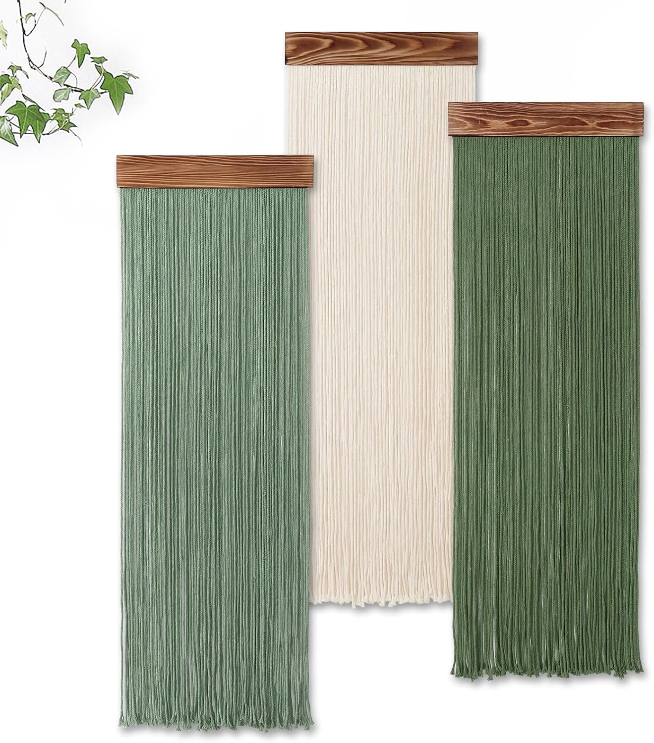 KHOYIME Macrame Wall Hanging Boho Chic Home Decor, 3PCS Bohemian Green Beige Tassel Yarn Tapestry Modern Handmade Large Wall Art Decorations for Living Room Bedroom Nursery Backdrop 11.8”W x 36”L