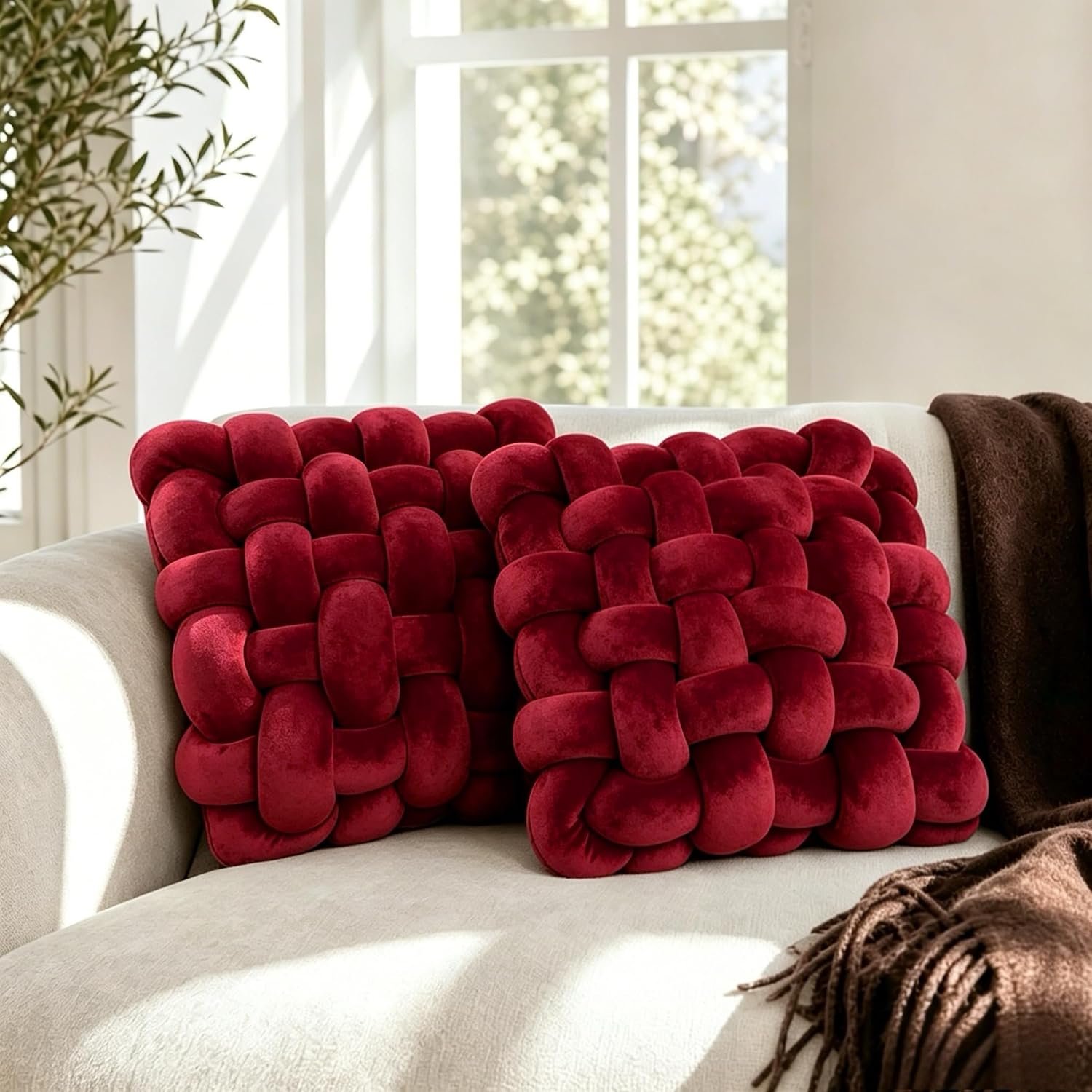 2PCS Decorative Knot Throw Pillows for Couch and Sofa, Soft Accent Pillows for Bed and Chair, Modern Home Decor for Living Room, Bedroom, Dorm and Nursery 12 inches * 13 inches (Red)