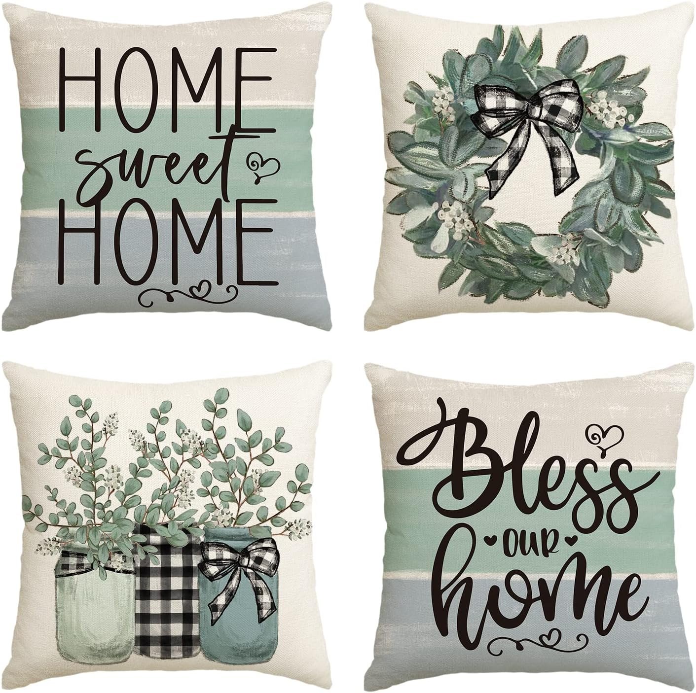 AVOIN colorlife Fall Sweet Home Eucalyptus Lamb Ear Wreath Throw Pillow Covers, 18 x 18 Inch Bless Our Home Buffalo Plaid Cushion Case for Sofa Couch Set of 4