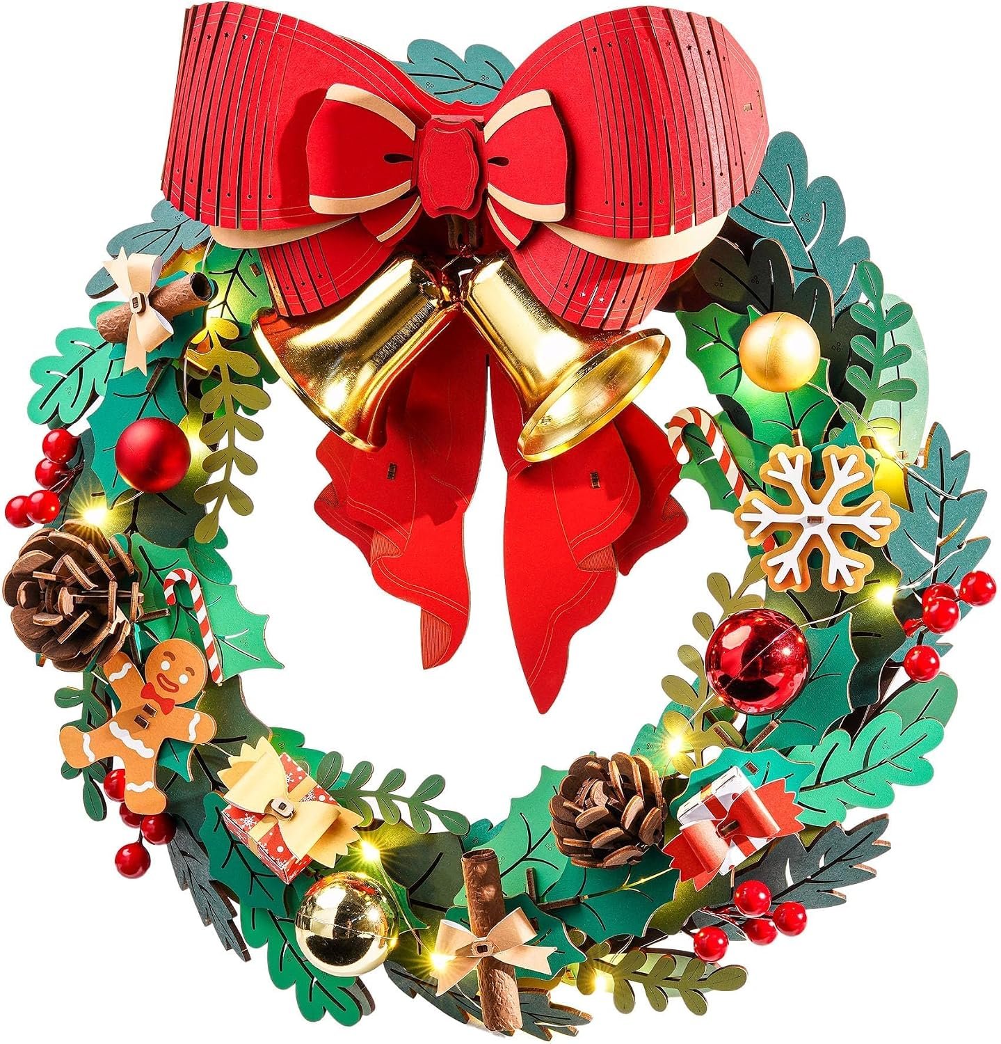 Rolife 3D Wooden Puzzle Christmas Wreath for Adults, 16in Eucalyptus Wreath with Red Bow, Golden Bell & LED Lights, 252pcs DIY Holiday Front Door Decor, Indoor Outdoor Christmas Decor
