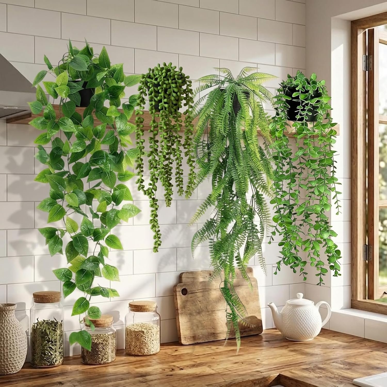 4 Pcs Artificial Hanging Plants with Pots – Realistic Fake Eucalyptus & Ivy Vine Potted Plants for Bathroom Shelf Decor – Faux Greenery Aesthetic for Office Desk, Bookshelf (Indoor & Outdoor)