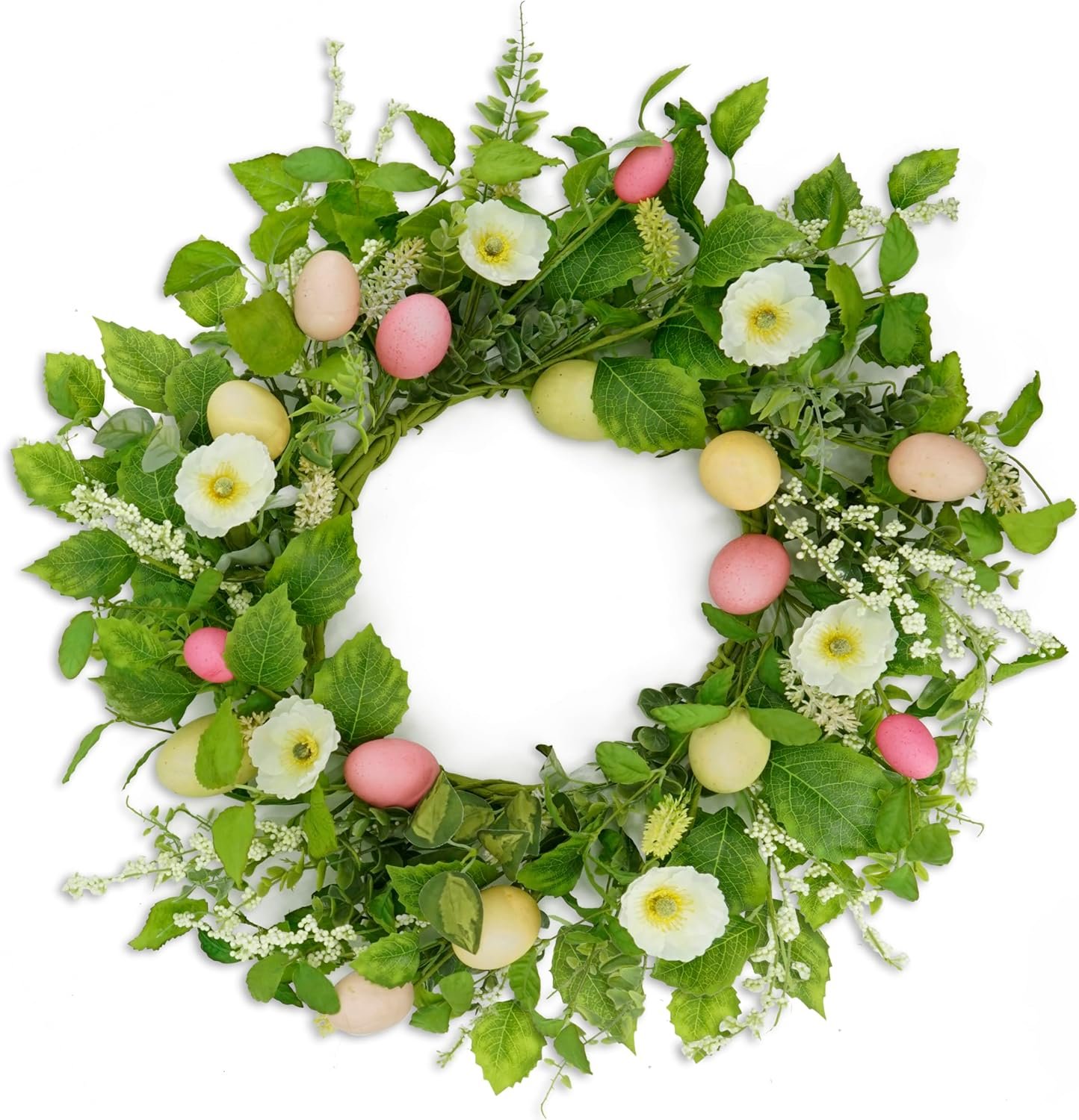 AMF0RESJ Artificial Easter Wreaths for Front Door Spring Summer Wreath with Poppy Flower,Colorful Eggs,Green Leaves for Front Door Indoor Outdoor Farmhouse Home Wall Window Festival Wedding Decor