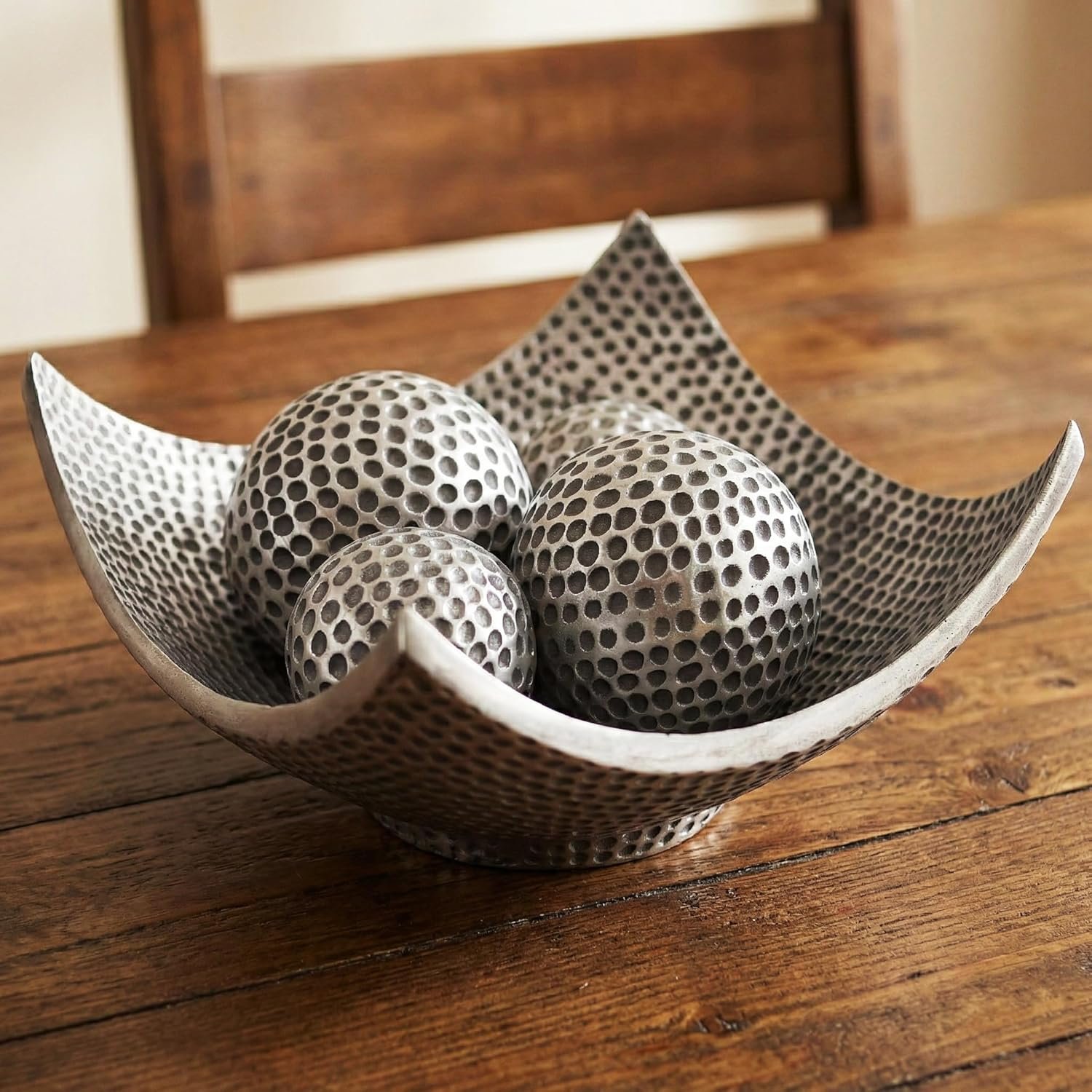 Seraphic Coffee Table Decor, Decorative Centerpiece Scoop Bowl, Silver | Dining & Kitchen Table Room Decor, Modern Orbs Included, Hammered Metallic Finish, Entryway Console, 14in, Set of 5