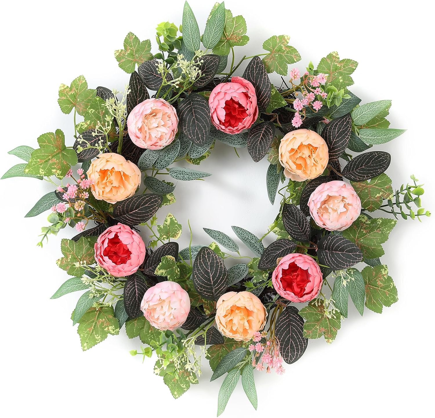 20″ Peony Wreath for Front Door – Spring Summer Artificial Pink Peony Floral Wreath for Wall, Window, and Wedding Decor