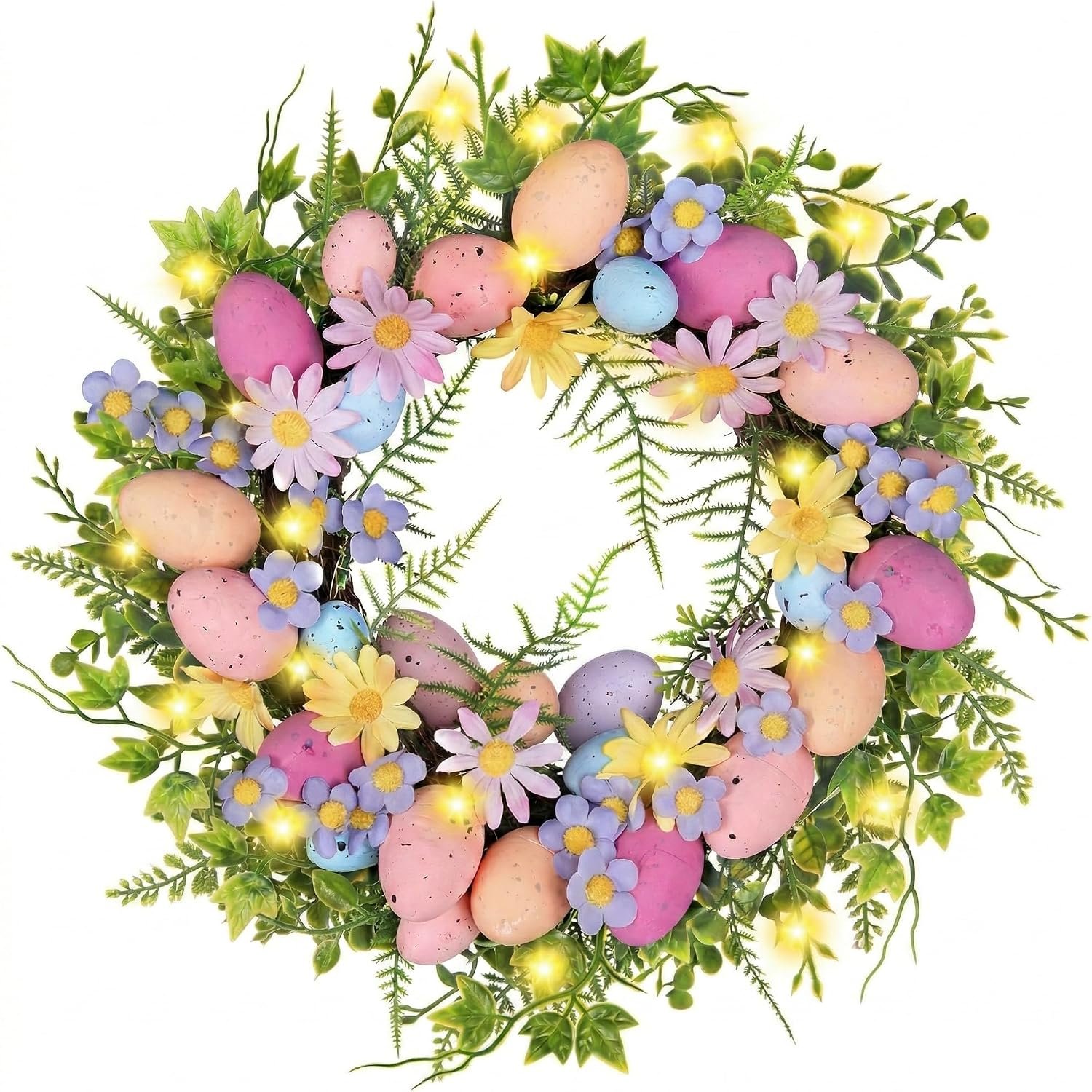 Pastel Easter Wreath for Front Door with Lights, 18 Inch Spring Floral Wreath with Colorful Eggs, Daisy & Eucalyptus Greenery, Farmhouse Easter Door Decor