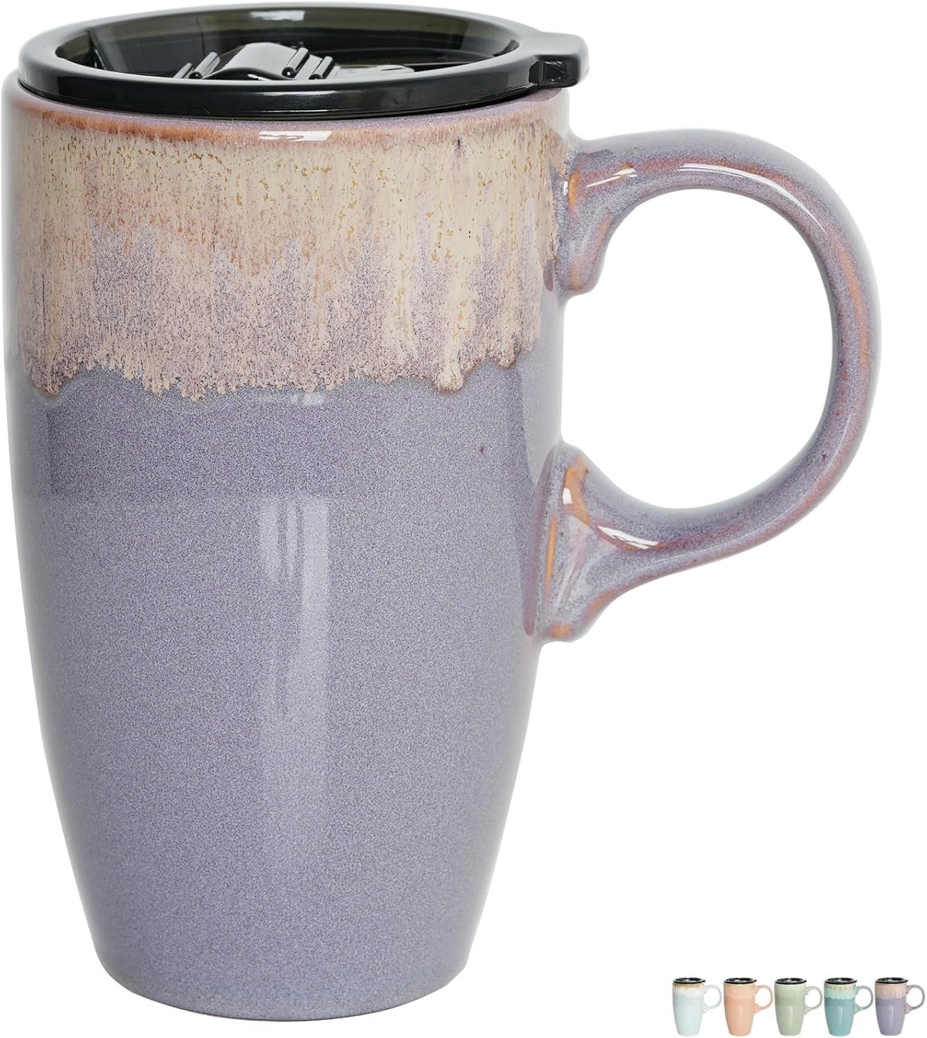 Bosmarlin Ceramic Travel Coffee Mug with Handle and Lid, 18 oz, Portable Coffee Cup for Car Cup Holder, Microwave and Dishwasher Safe, Reactive Glaze (Deep Purple)