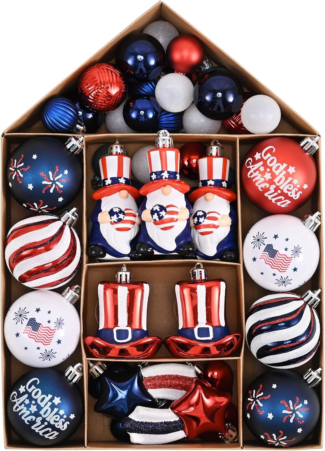 Valery Madelyn 4th of July Tree Decorations for Patriotic Memorial Day Ornaments, 50ct Large Red White Blue Shatterproof Americana Gnome for Independence Day USA 250th Anniversary Hanging Ball Decor