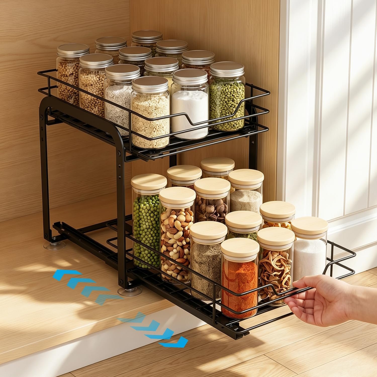 Spice Rack Organizer for Kitchen, Pull Out Spice Racks for Inside Cabinets, 2 Tier Spice Shelf Organization for Cabinet Seasoning, No Drilling Install for Home Kitchen Space Saving, 1 Pack