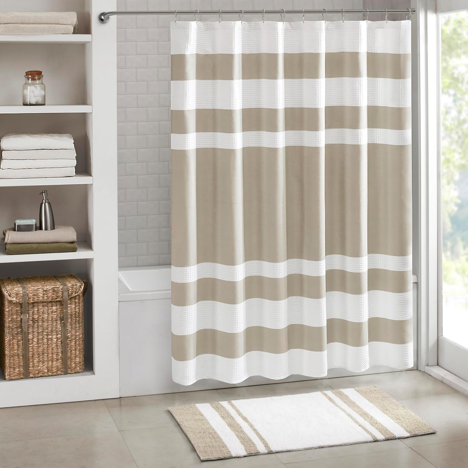 Madison Park Shower Curtain Waffle Weave Striped Pieced Design Fabric Shower Curtain for Bathroom with 3M Scotchgard Moisture Management Premium Spa Quality Modern Standard 72″x72″ Taupe