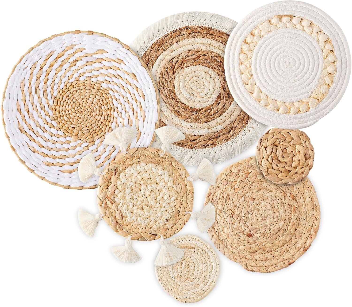 7 Pack Boho Wall Basket Decor – Seagrass Rattan Wicker Wall Decor Round Handmade Hanging Rustic Flat Elegant Wall Art for Farmhouse Living Rooms Bedrooms Display Table Settings Kitchen Home