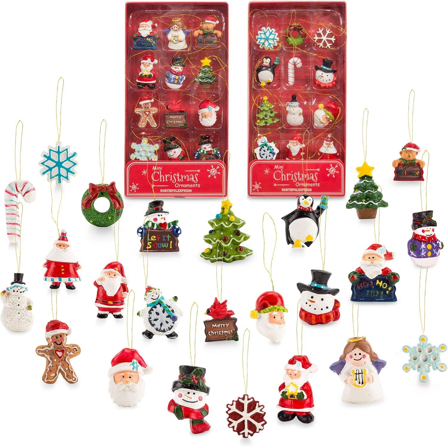 Mini Resin Christmas Ornaments Set of 24 – Rustic Christmas Decorations – Small Miniature Christmas Tree Ornaments – Santa Snowman Gingerbread Angel – Tiny Christmas Tree Decorations with Gift Box!
