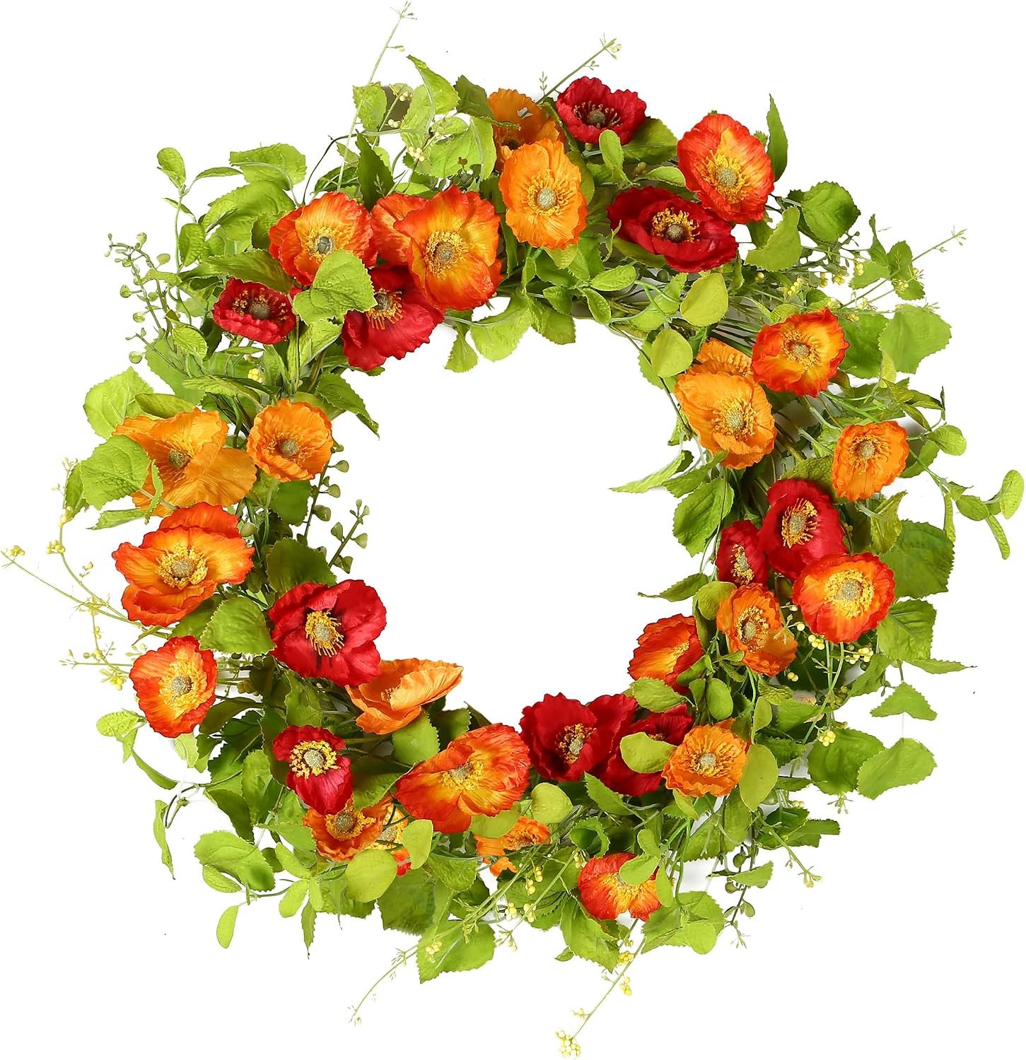 YNYLCHMX 20″ Spring Summer Wreaths for Front Door, Artificial Floral Wreath with Poppy Flowers Green Tea Leaves, Green Foliage Wreath for Wall Window Farmhouse Party Holiday Home Decor