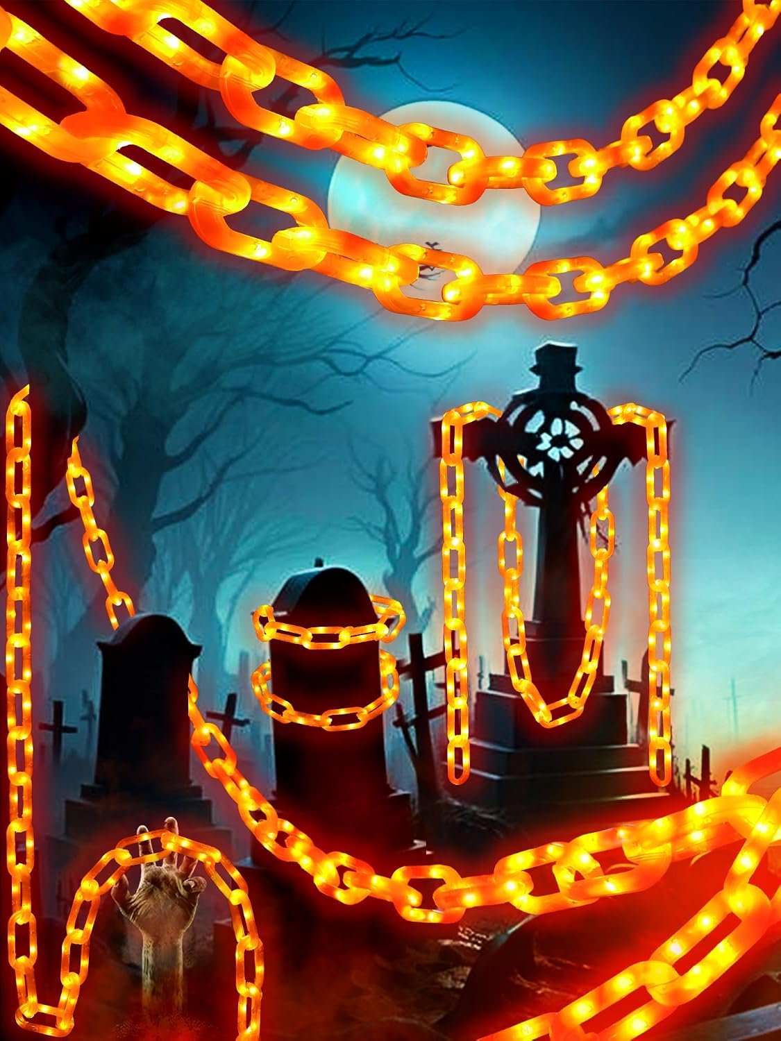 DULEFUN 10Ft Halloween Chain String Light Decorations Outdoor Indoor, 160 LED Lights with 8 Modes Waterproof Lighted Prop Chains for Halloween Party Favors Yard Haunted House Spooky Decor(Orange)