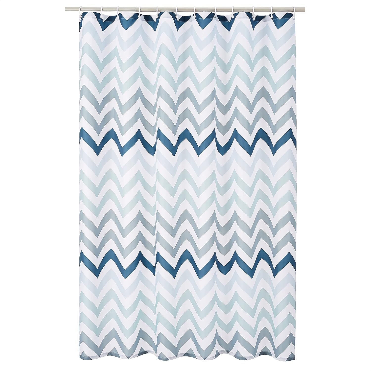 Amazon Basics Bathroom Shower Curtain, Water Resistant Fabric with Weighted Hem, Grommets & Hooks, Machine Washable, 72″x72″, Blue Ombre Chevron