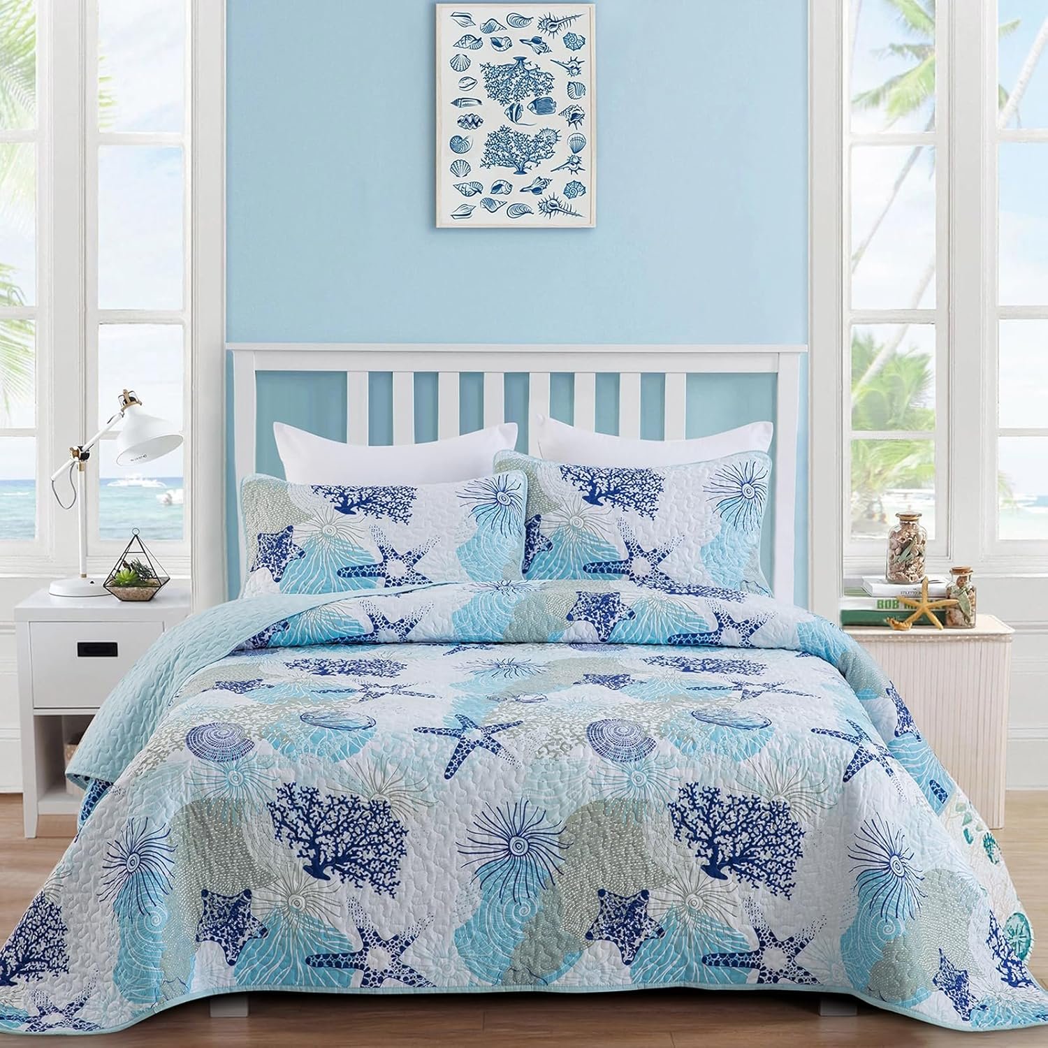 Dinjoy Coastal Quilt Set Twin Size, Blue Ocean Beach Themed Bedding Set Coral Seashell Conch Starfish Pattern Microfiber Lightweight Summer Bedspread Coverlet Bed Set All Season(68×86 Inch)