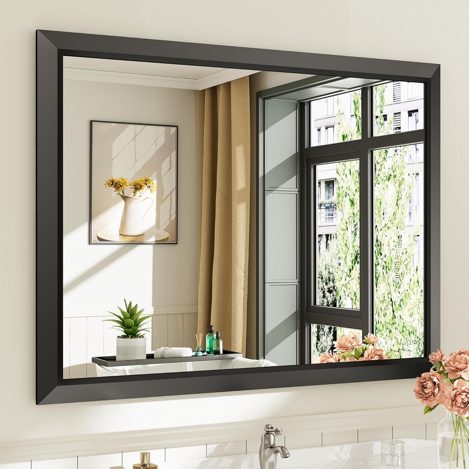 Briivue 40×30 Inch Black Bathroom Mirror for Wall, Thick Metal Framed Rectangle Mirrors for Over Sink, Bedroom, Living Room, Entryway, Anti-Rust, HD Tempered Glass