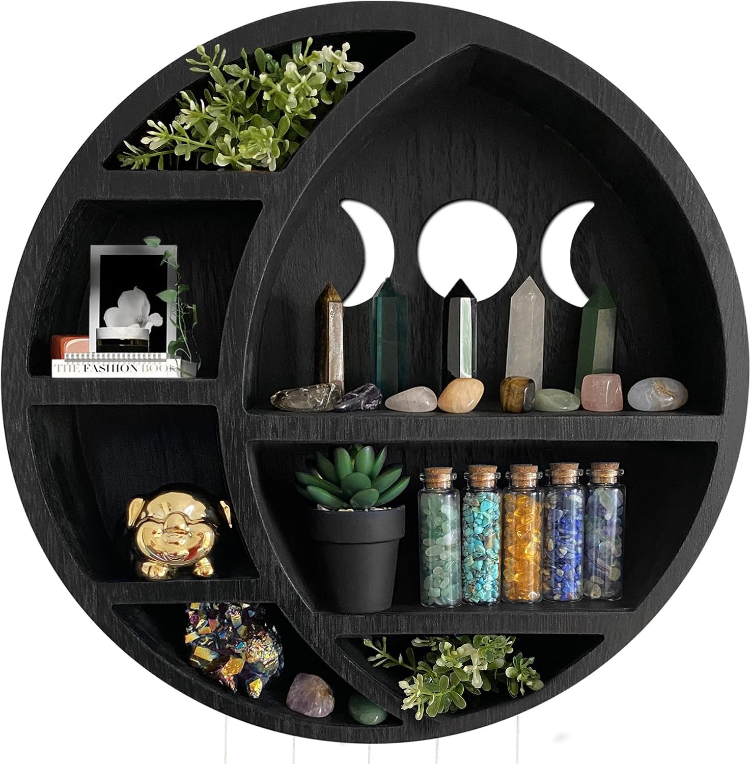Ella & Emma Wooden Moon Shelf for Crystals – Crescent Moon Crystal Shelf, Storage & Wall Hanging Shelves for Bedroom Aesthetic, Moon Phase Wall Decor & Crystal Display Shelf, Pinewood, Black