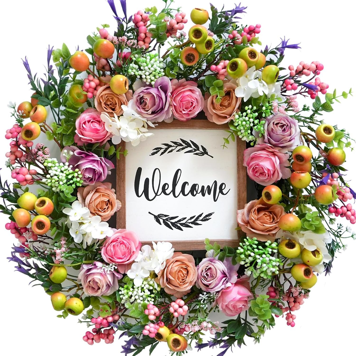 Spring Summer Wreath for Front Door, 20inch Artificial Berries and Colorful Hydrangea Rose Wreaths with Welcome Sign, Spring/Summer Greenery Wreath for Front Door Wall Window Festival Decor