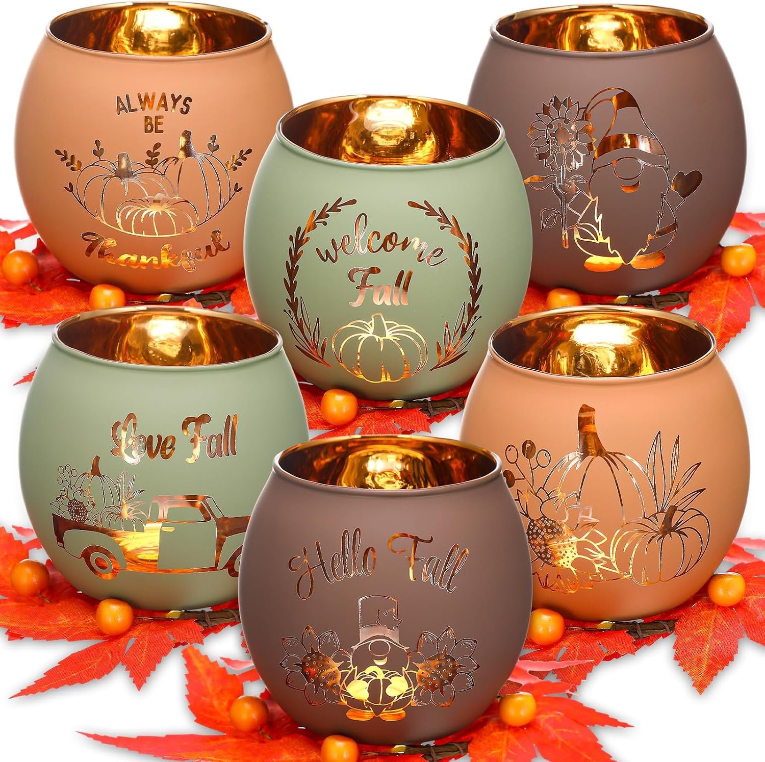 Roshtia 6 Set Thanksgiving Votive Candle Holder with Artificial Maple Leaves Thanksgiving Centerpieces for Tables Decor Glass Votives Holder with 6 Laser Engraving Patterns for Fall Halloween Decor