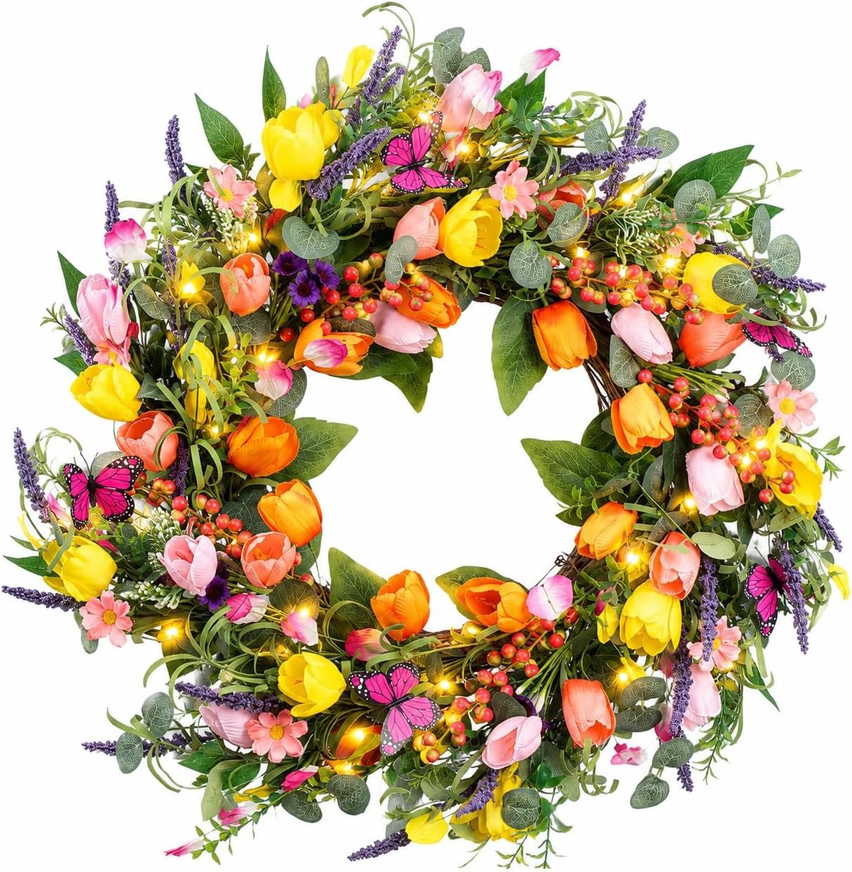 24 Inch Spring Wreaths for Front Door, Artificial Tulip Wreath with Lights & Butterflies, Spring Summer Easter Wreath for Indoor Outdoor Decor