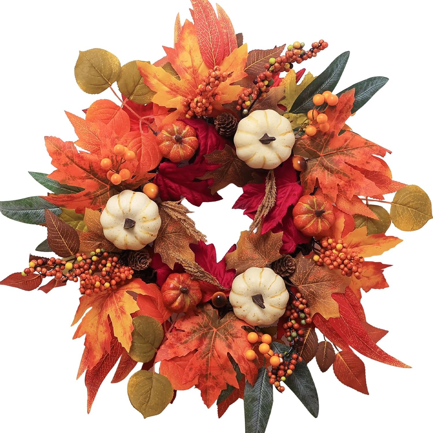 Fall Wreaths for Front Door, DECSPAS 21″ Thanksgiving Fall Wreath with Maple Leaves Pumpkin Berries, Autumn Decorations for Home, Artificial Harvest Door Wreath Outside, Window, Wall, Mantel Decor