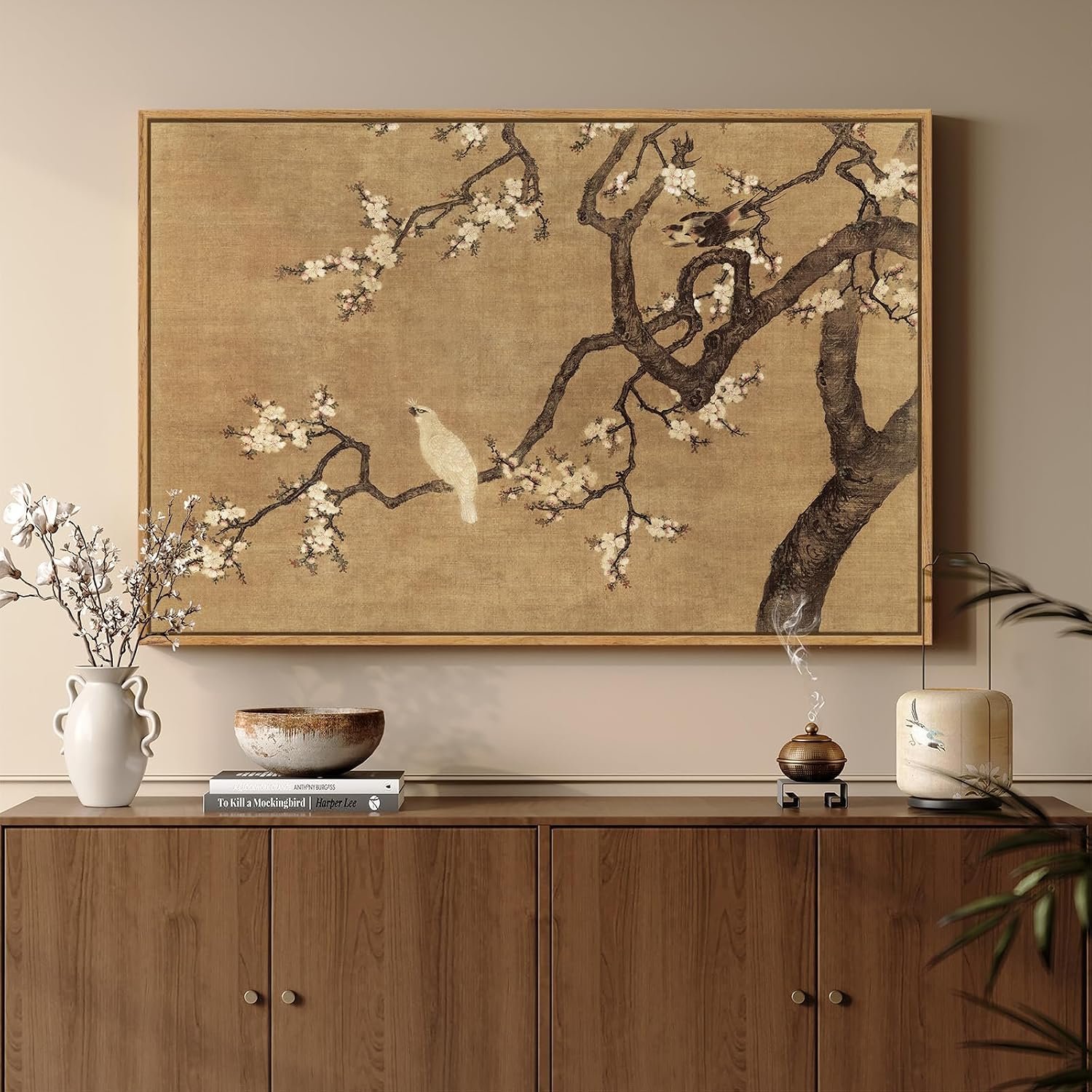 Framed Vintage Asian Wall Art, Neutral Chinoiserie Plum Blossom Branch Floral Bird Canvas Prints Painting, Zen Japandi Oriental Picture for Living Room Bedroom Kitchen Wall Decor, 24×36 Inch
