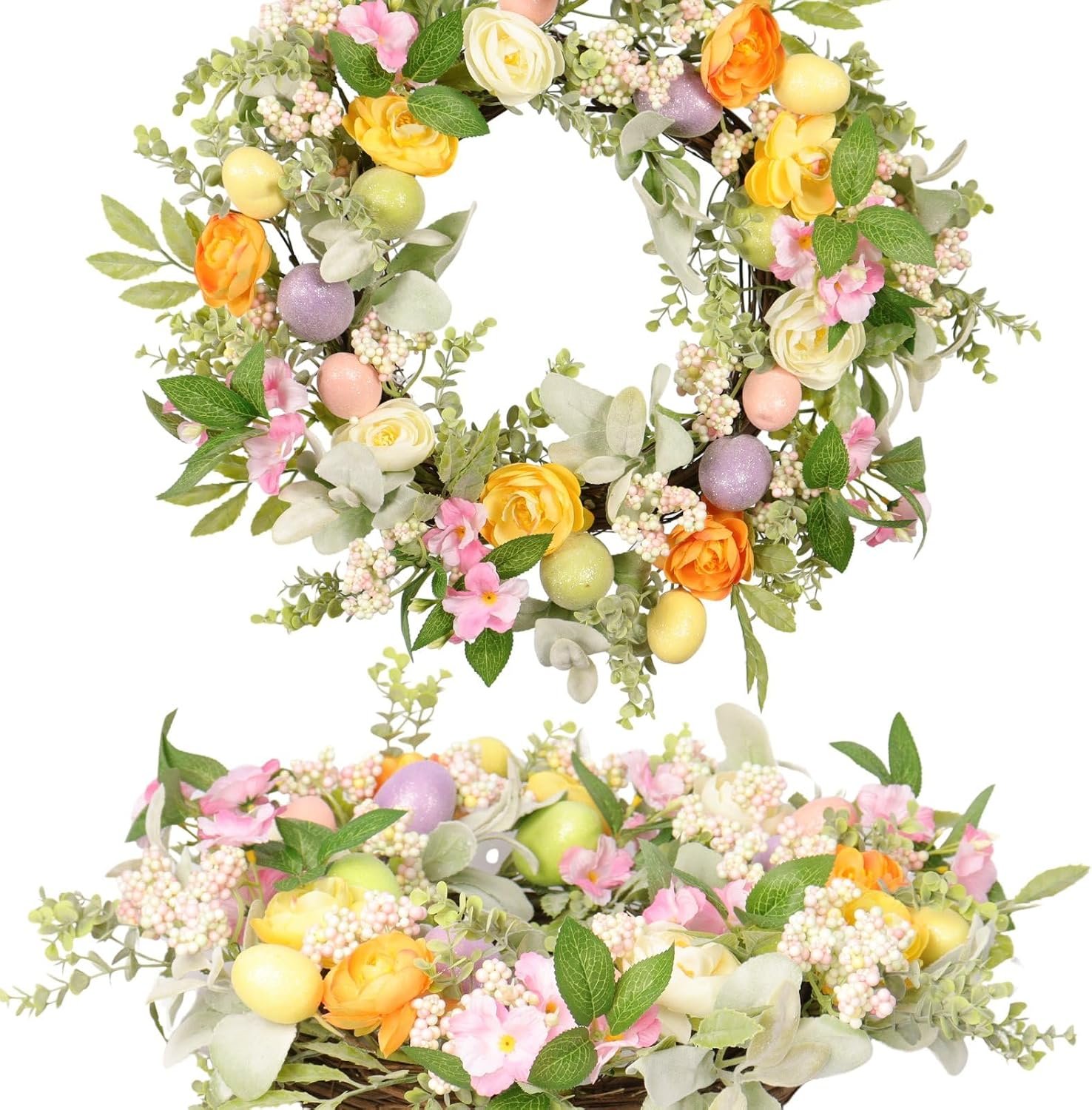 Easter Wreath 20IN with Daisy Flowers, Eggs, Silk Polyester, Front Door Easter Wreath, Spring Décor