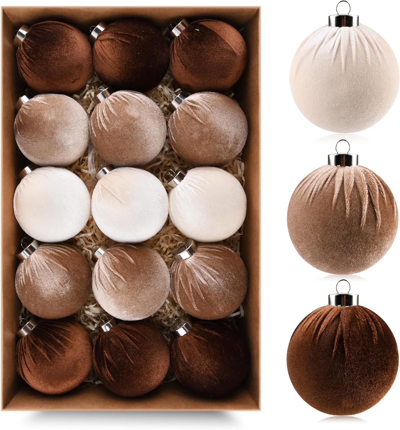 Brown Velvet Christmas Tree Ornaments – 15pcs Shatterproof Christmas Balls for Xmas Trees Decorations – Multicolor Brown Neutral Beige, 80mm 3.15inch