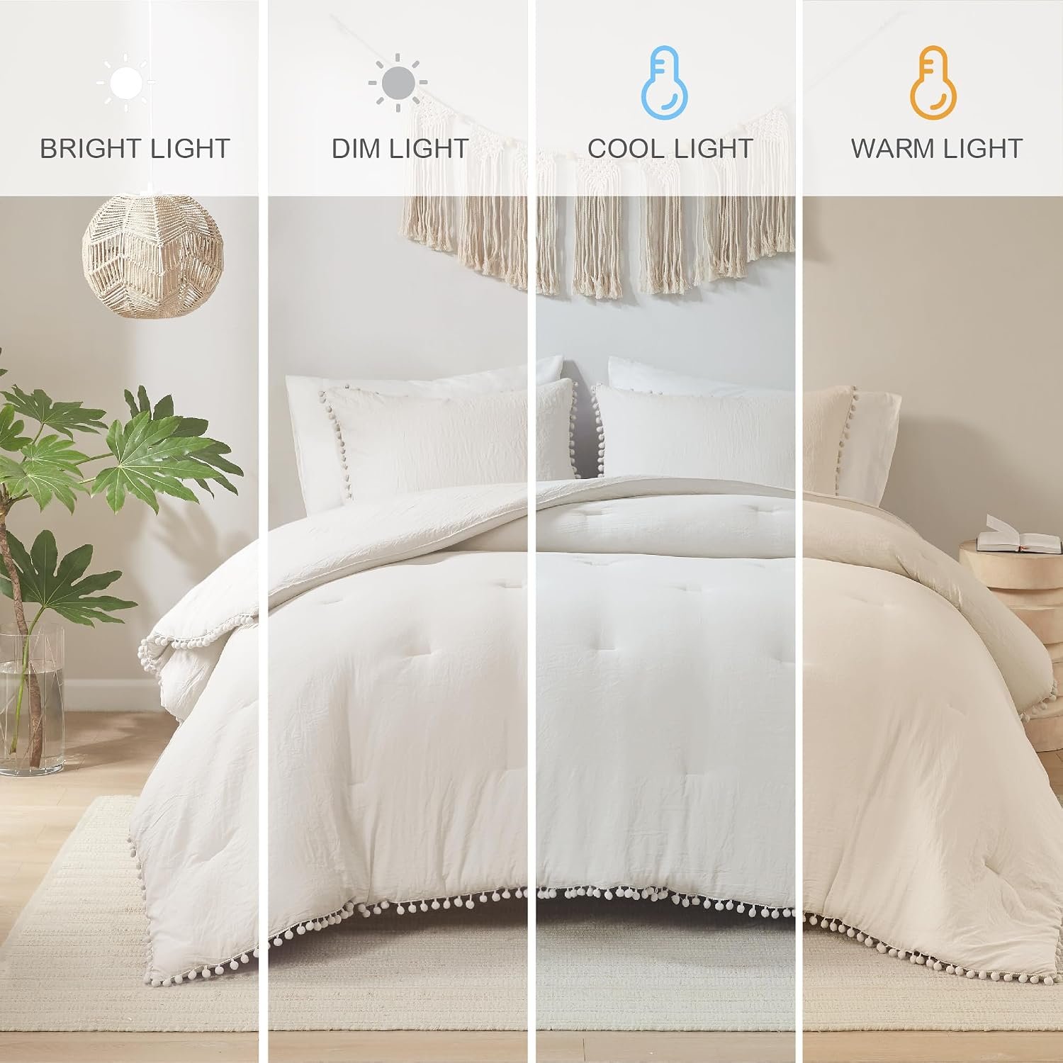 Codi Mirabelle Neutral Beige Queen Comforter Set, Farmhouse Scandi Boho Pom Pom Fringe Bedding for Adult Bedrooms, Soft Washed Microfiber, Lightweight All Season, 3-Piece Set with 2 Shams, 90″x90″
