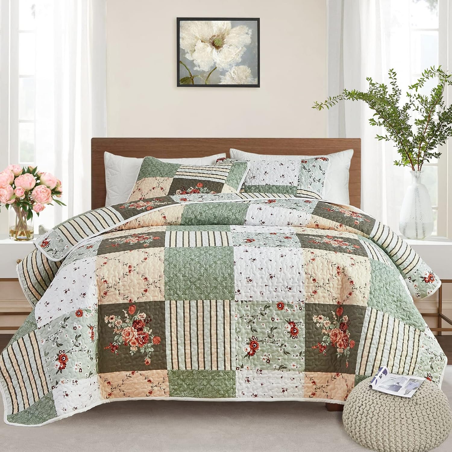 Patchwork Quilt Set Full/Queen Size, 3 Pieces Green Floral Plaid Summer Bedspread Coverlet Set, Soft Microfiber Reversible Lightweight Bed Cover for All Season (90″ x 90″, 1 Quilt+ 2 Pillow Shams)