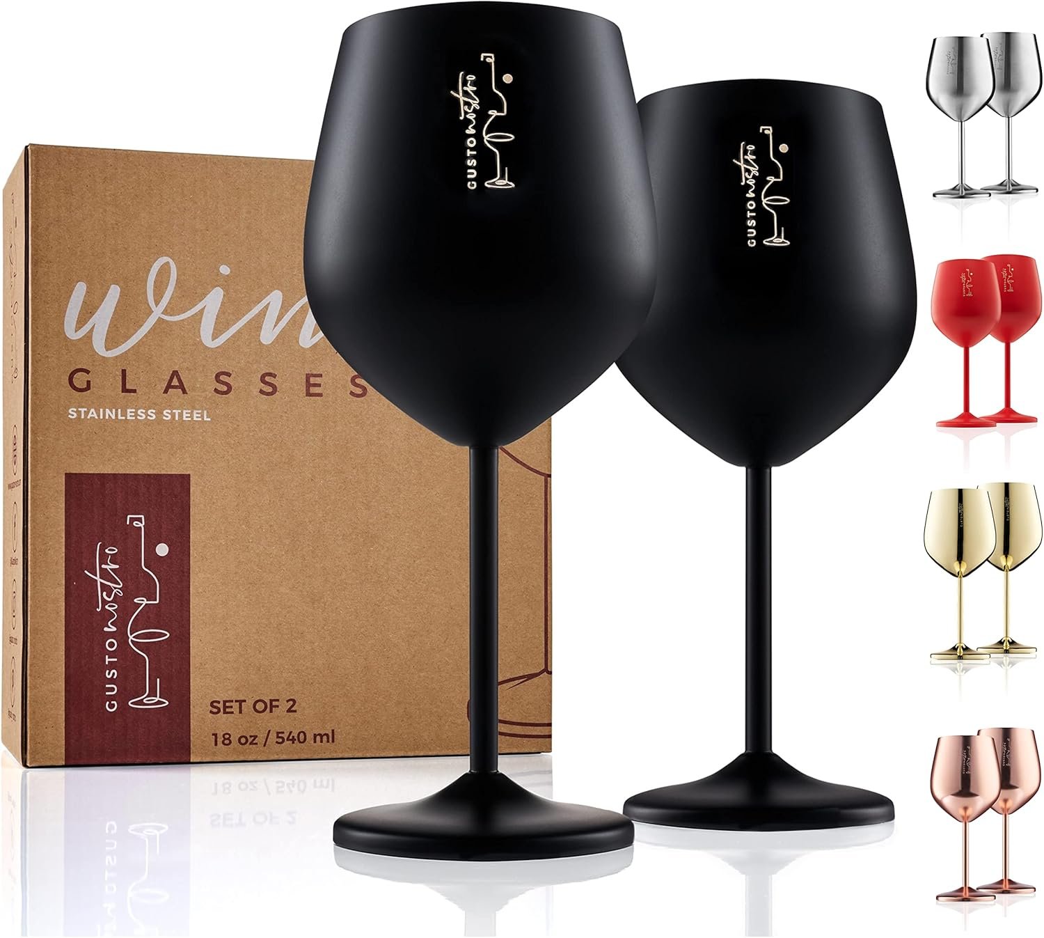 Gusto Nostro Stainless Steel Wine Glass – 18 oz – Unbreakable Black Wine Glasses for Travel, Camping and Pool – Fancy, Unique and Cool Portable Metal Wine Glass for Outdoor Events, Picnics (Set of 2)