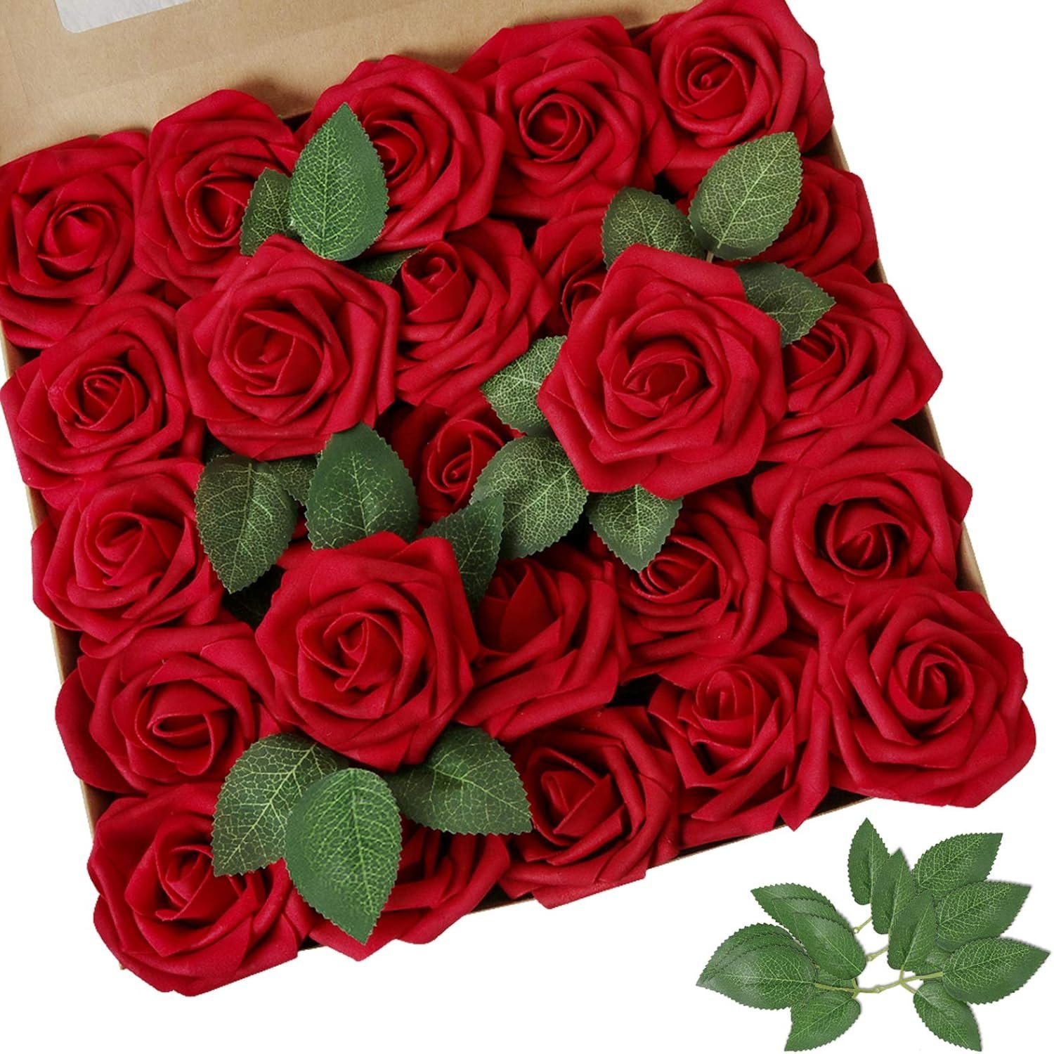 AmyHomie Artificial Flowers Dark Red Rose 25pcs Real Looking Fake Roses w/Stem for DIY Wedding Bouquets Centerpieces Arrangements Party Baby Shower Birthday Christmas Tree Decorations