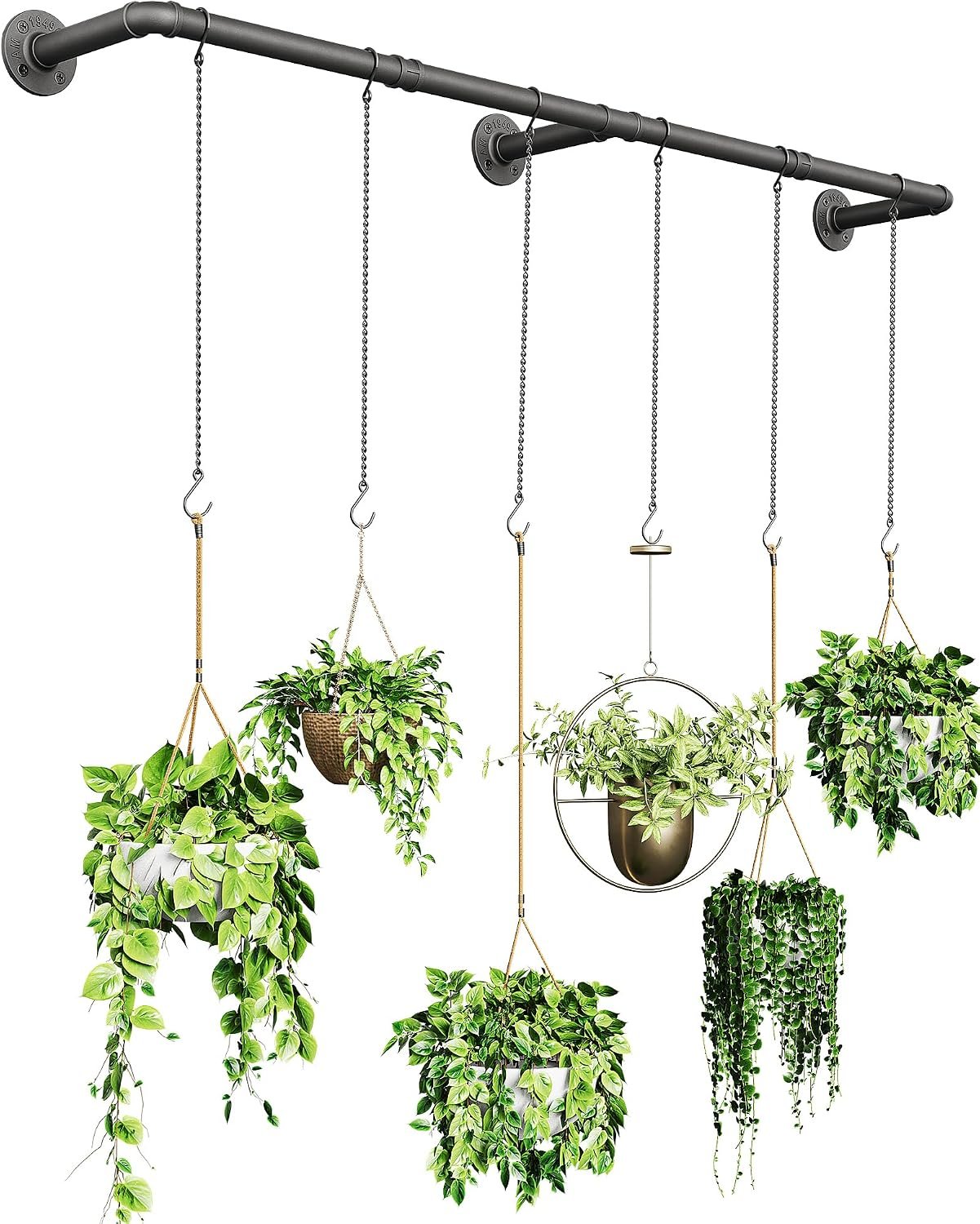 SOFITORG 65.7″ Metal Plant Hanging Rod with 6 Chains, Pots Not Included | Wall Plant Hanging Bar, Durable Hanging planter holder for Window Ceiling, Easy Assembly, All Hardware Included, Black